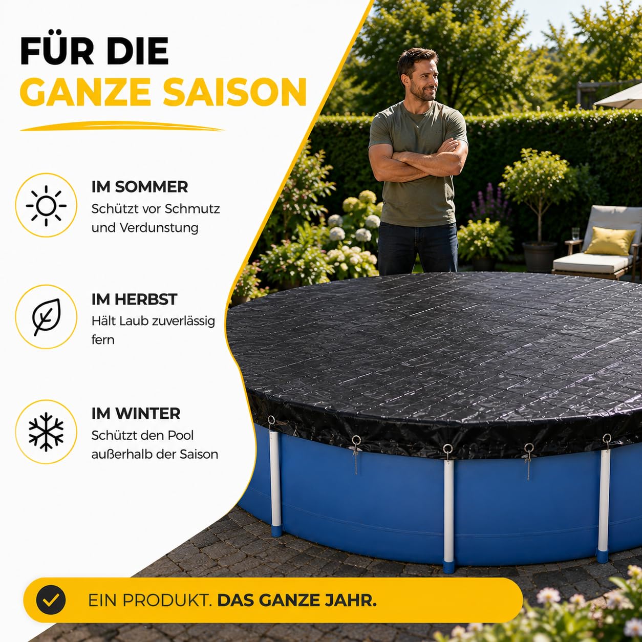 Telone rotondo per piscina in pellicola extra forte di alta qualità da 200 g/m², resistente ai raggi UV, per uso tutto l'anno in estate e in inverno, copertura per piscina nera durevole (550-600 cm