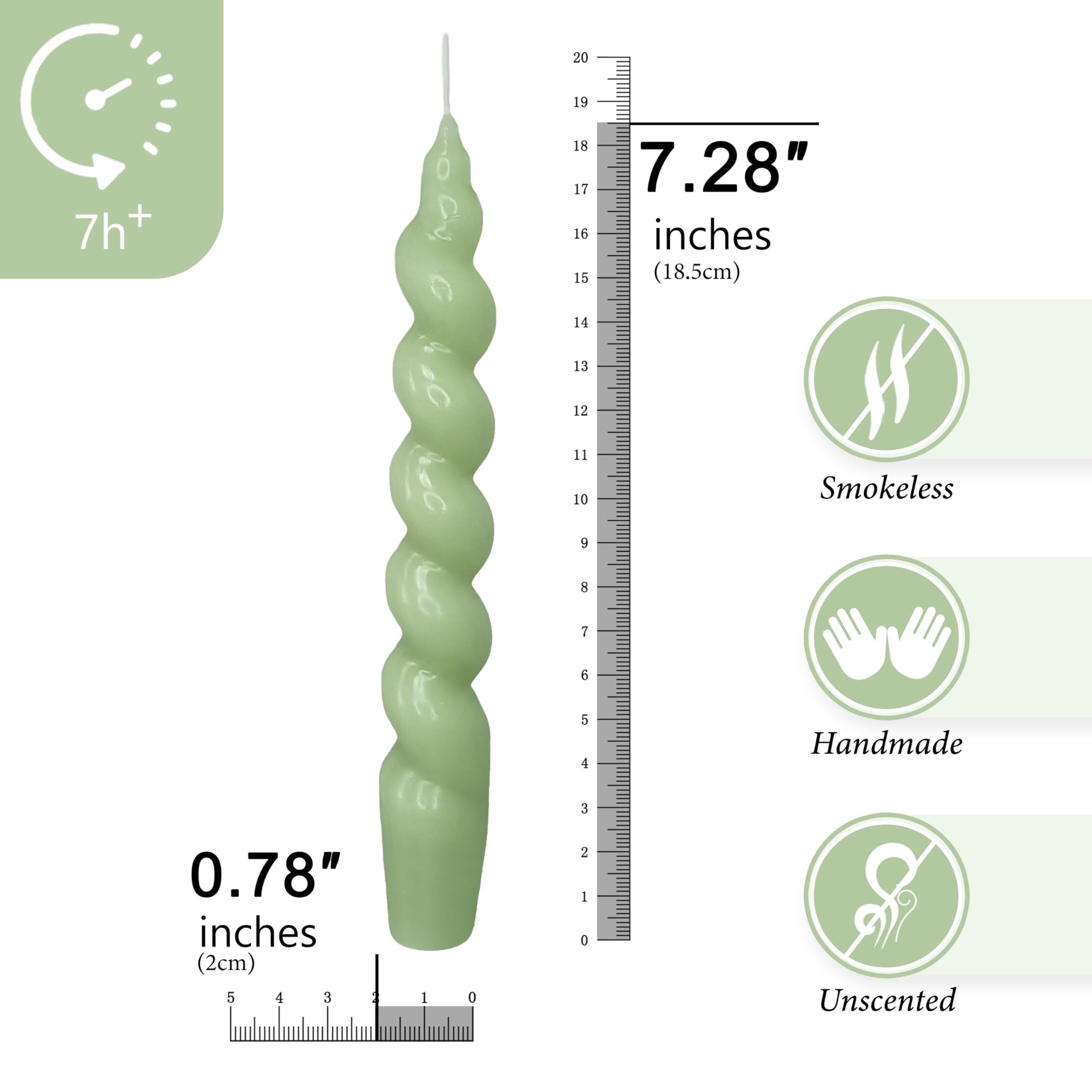 7.5 Inches Spiral Taper Candles Colorful Twisted Candle Dripless Long Candles, Handmade Candlesticks for Wedding Dinner Decor, Set of 4(Green)