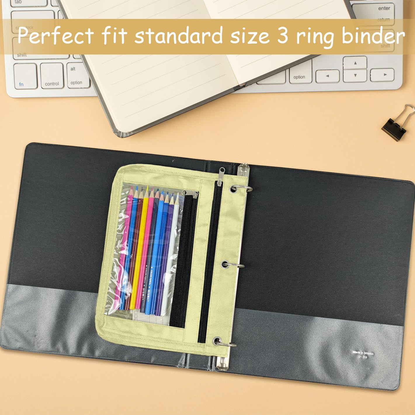 YoeeJob 1 Pack Pencil Pouch for 3 Ring Binder, Expandable Binder Pouches with Zipper, Large Capacity Pen Holder Case with Clear Window School Class Office Organizers, Beige image 5
