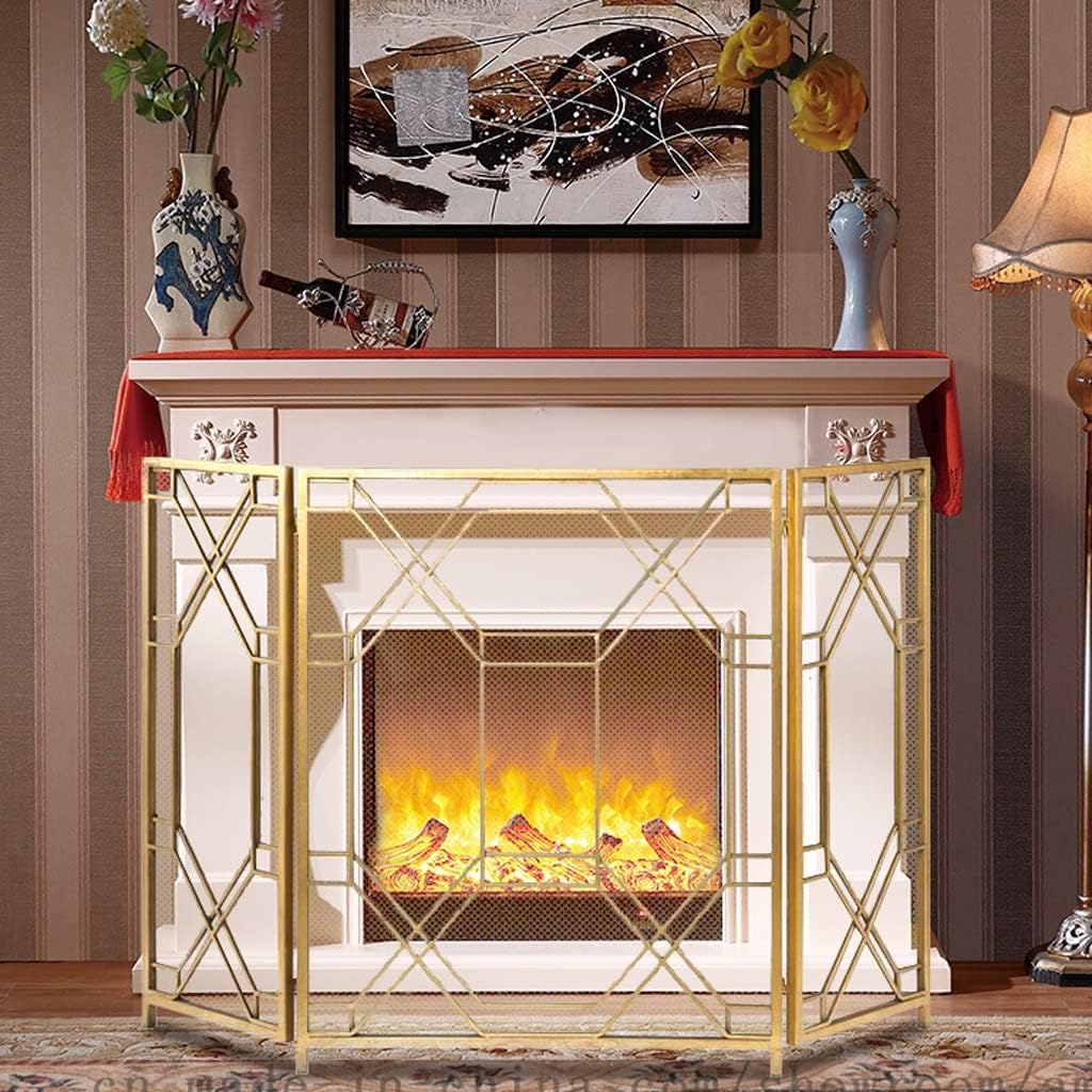 Metal Fire Screen Nordic Style Fireplace Screen Freestanding Simple Wrought Iron Fireplace Screen 3 Fold Screen Partition Fireplace Decoration Fireplace Mesh Screen Curtain (Color : Gold)