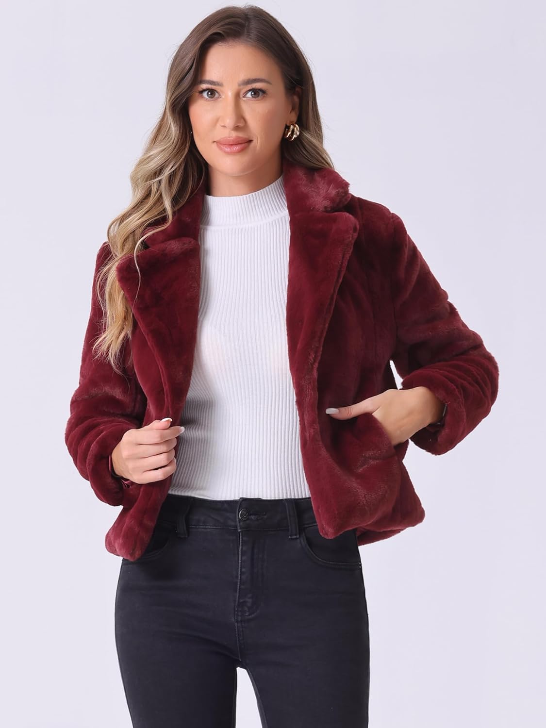 Allegra K Women's Cropped Faux Fur Jacket Lapel Cardigan Shrug 2024 Winter Fluffy Faux Fur Coat - Image 3