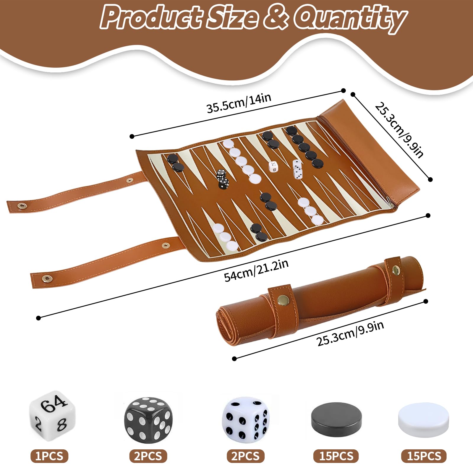 Backgammon Reiseset zum Aufrollen – Backgammon Reise Klassisch inkl. Zubehör, Tragbares Brettspiel für Familie und Reise, Spielfeldmaß:35,5x25,2 cm (Braun)