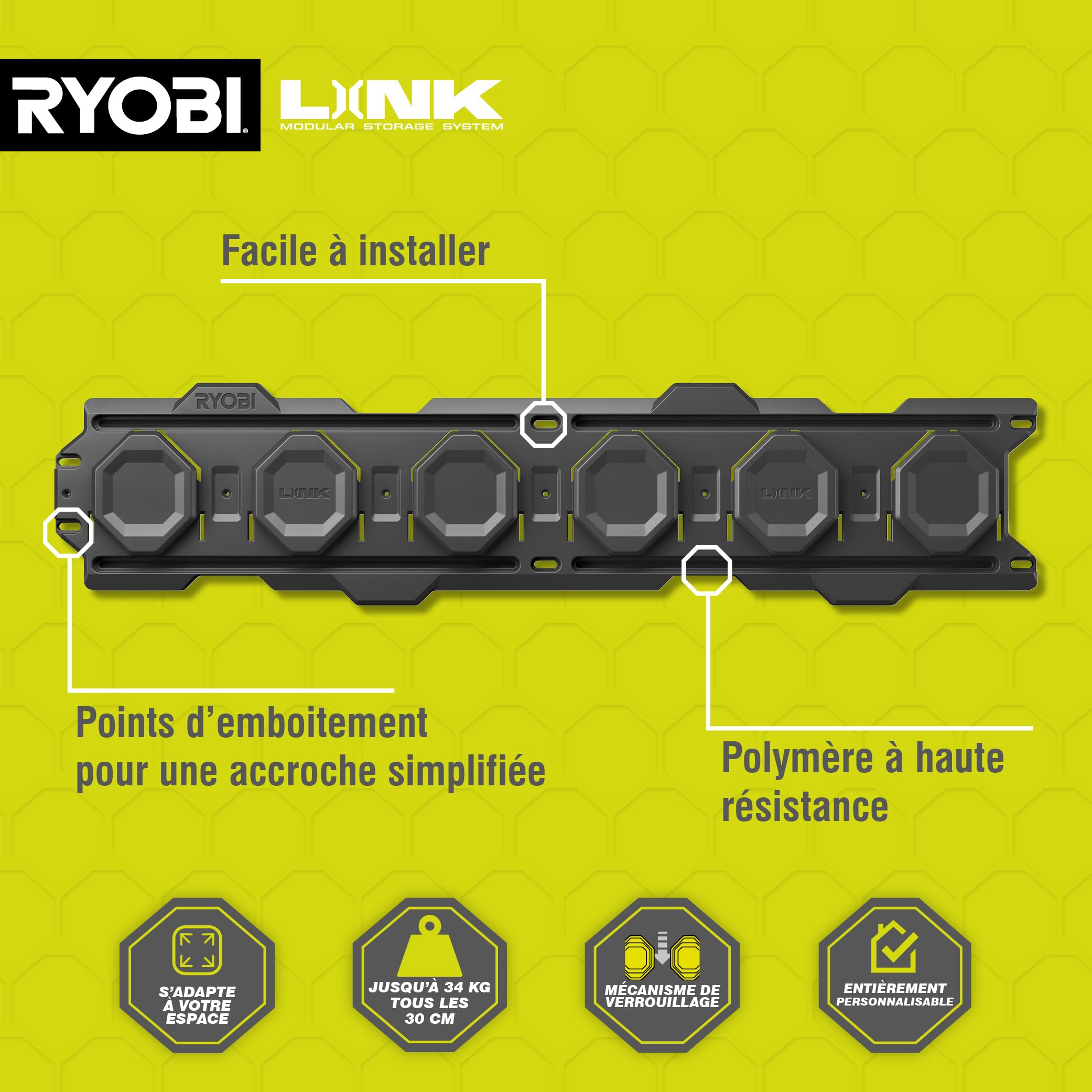 RYOBI - Rails Muraux LINK (x2) - RSL2WR-2 - Support Mural Universel, 84cm, Charge Lourde, Polymère Résistant, Extension Rangement