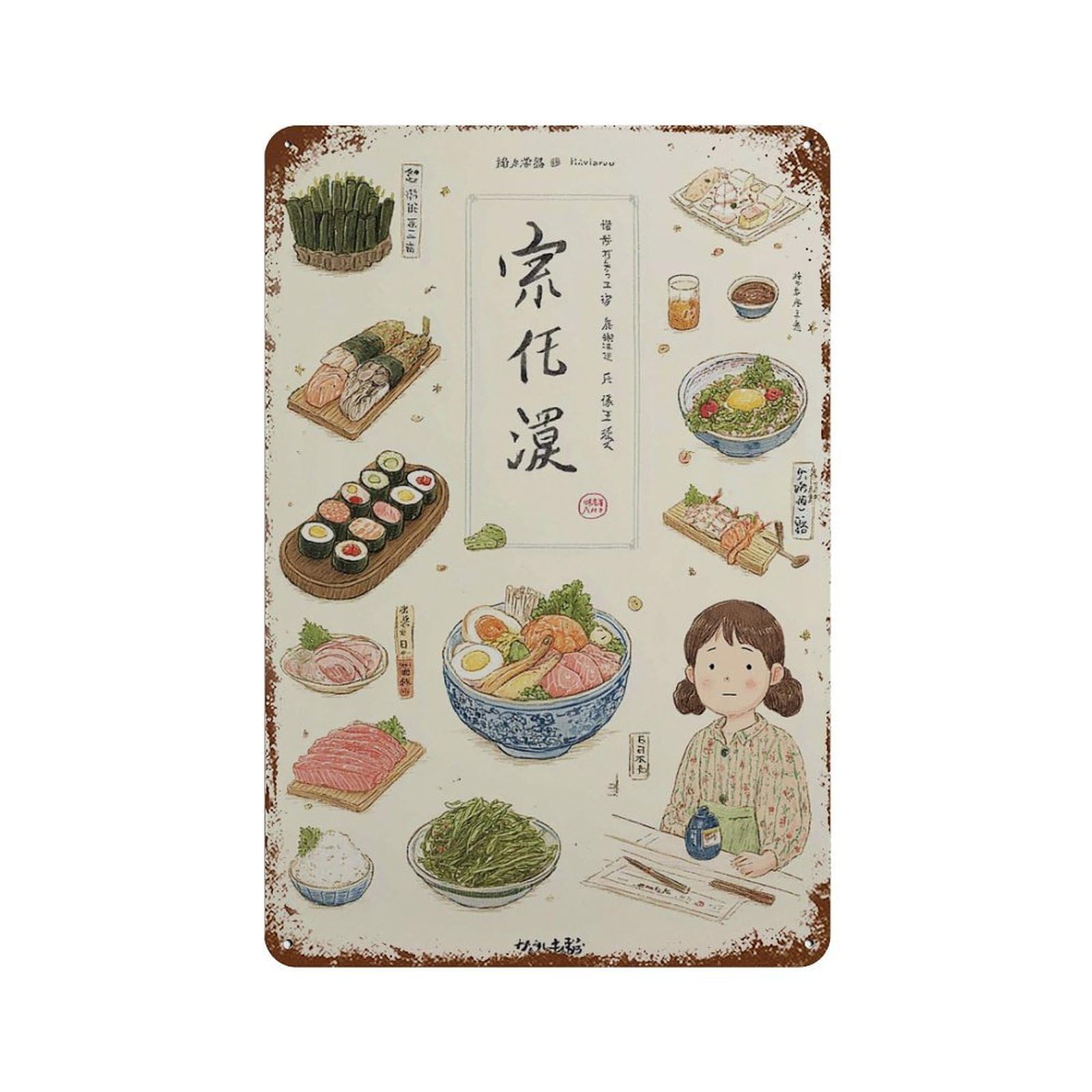 xiaoxiaoshen Japanese Food Cute Anime Ramen Sushi Kawaii Kitchen Illustrated Dishes Whimsical Wall Decor Art Metal Tin Poster Modern Home Decor Art Home Bar Shop Decorations Vintage Sign 30x20cm
