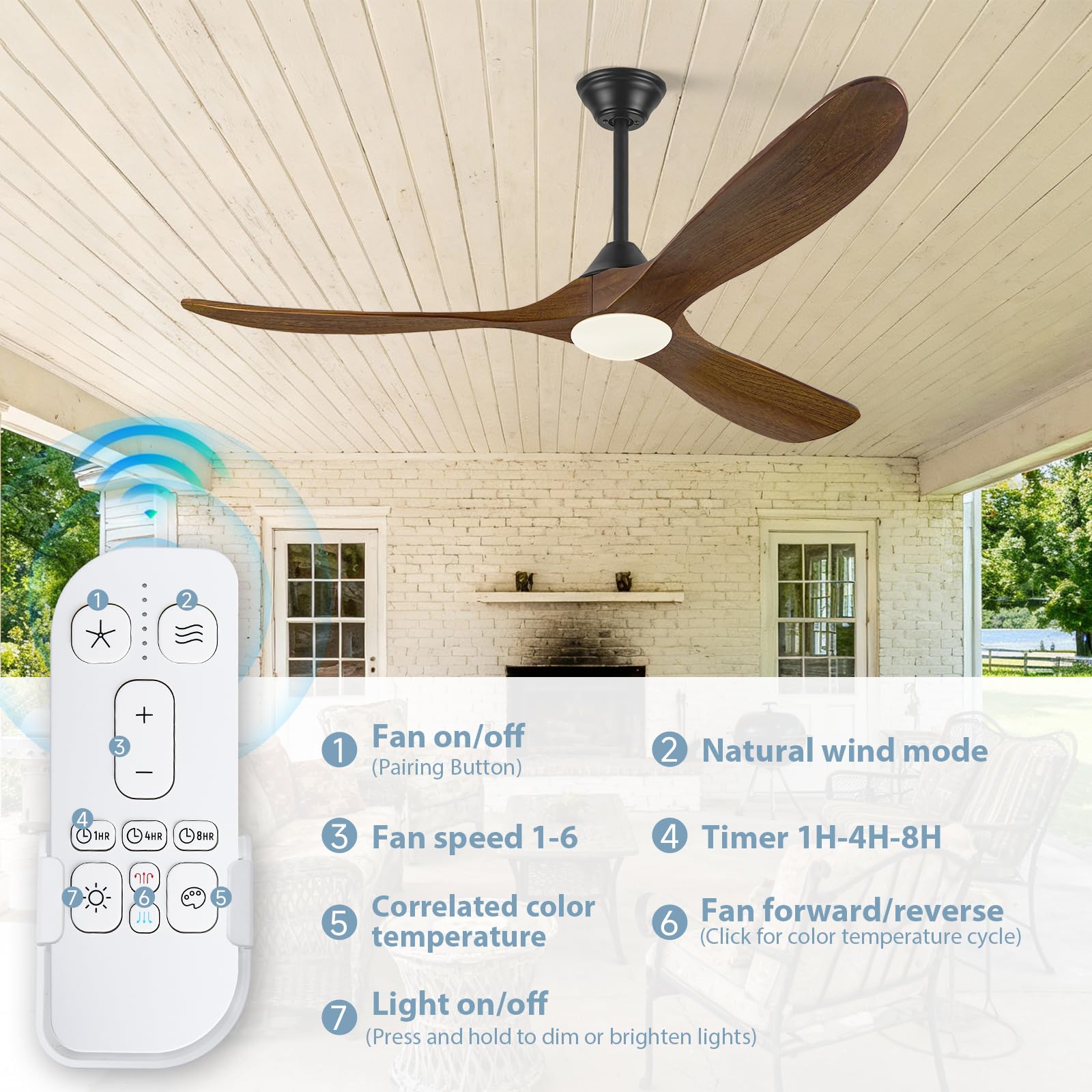 Ventilador De Techo De Madera De 178 Cm, Ventilador De Techo Exterior De 3 Aspas Con Luz, Control Remoto, Interior De Cc Silencioso Moderno, Temporizador De 6 Velocidades, Con 3 Barras Para Colgar