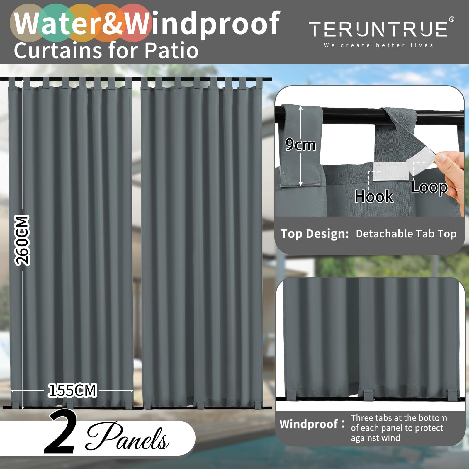 2 Stücke Outdoor Vorhang Wetterfest mit Klett-Schlaufen, Outdoorvorhänge Balkon Vorhang Terrasse Vorhänge Gardinen Sonnenschutz & Sichtschutz Vorhänge mit Schlaufen Unten, H260 x B155 cm, Dunkelgrau