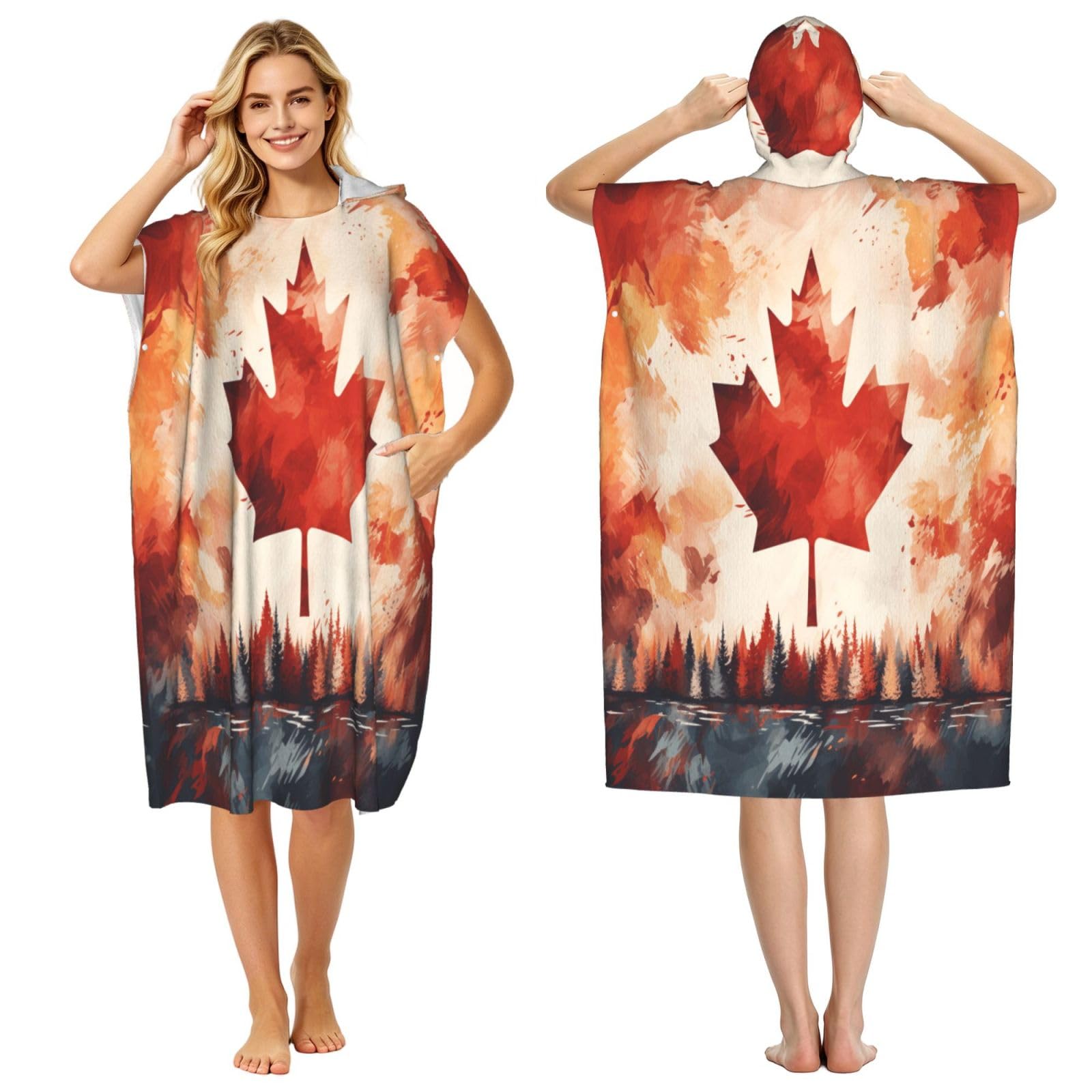 KLGRTJHK The Canadian Flag Adult Hooded Beach Poncho Towel 43"X35"