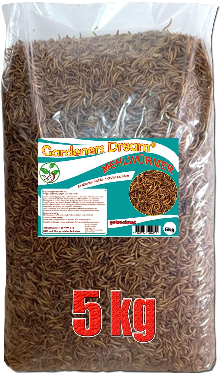 Gardeners Dream getrocknete Mehlwürmer in 1 bis 5kg Abpackung, Protein- und fettreich, verfeinert und gesiebt, für Fische, Nager, Vögel, Reptilien, auch Koifutter oder Igelfutter