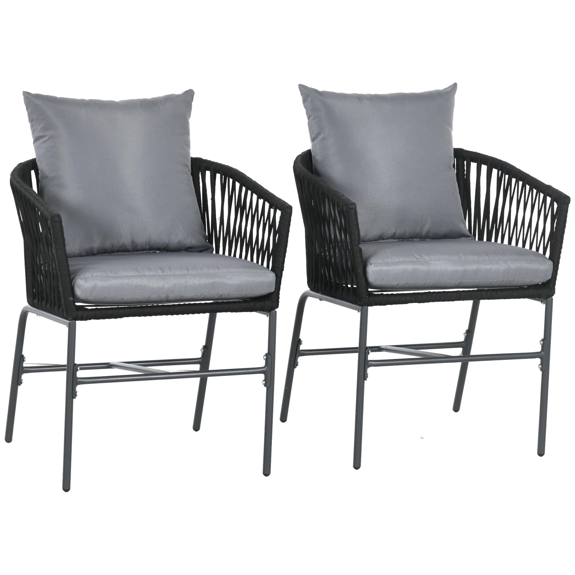 Outsunny - Sillones de jardín (2 plazas, metal y cuerda de PE con cojines, color negro y gris oscuro