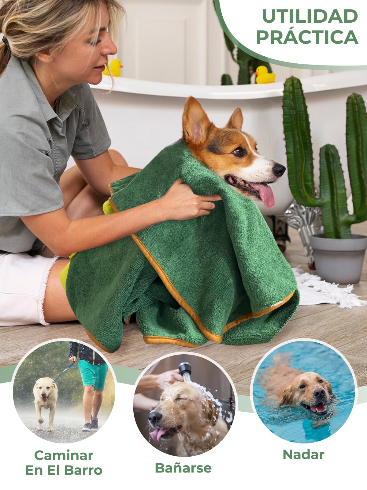 Albornoz para Perros Microfibras Albornoz, Bibykivn Toallas para Perros Gatos Ajustable, Secado Rápido Bata de Perro con Velcro, Absorbente Perros Toallas para Baño o Lluvia (L, Verde)