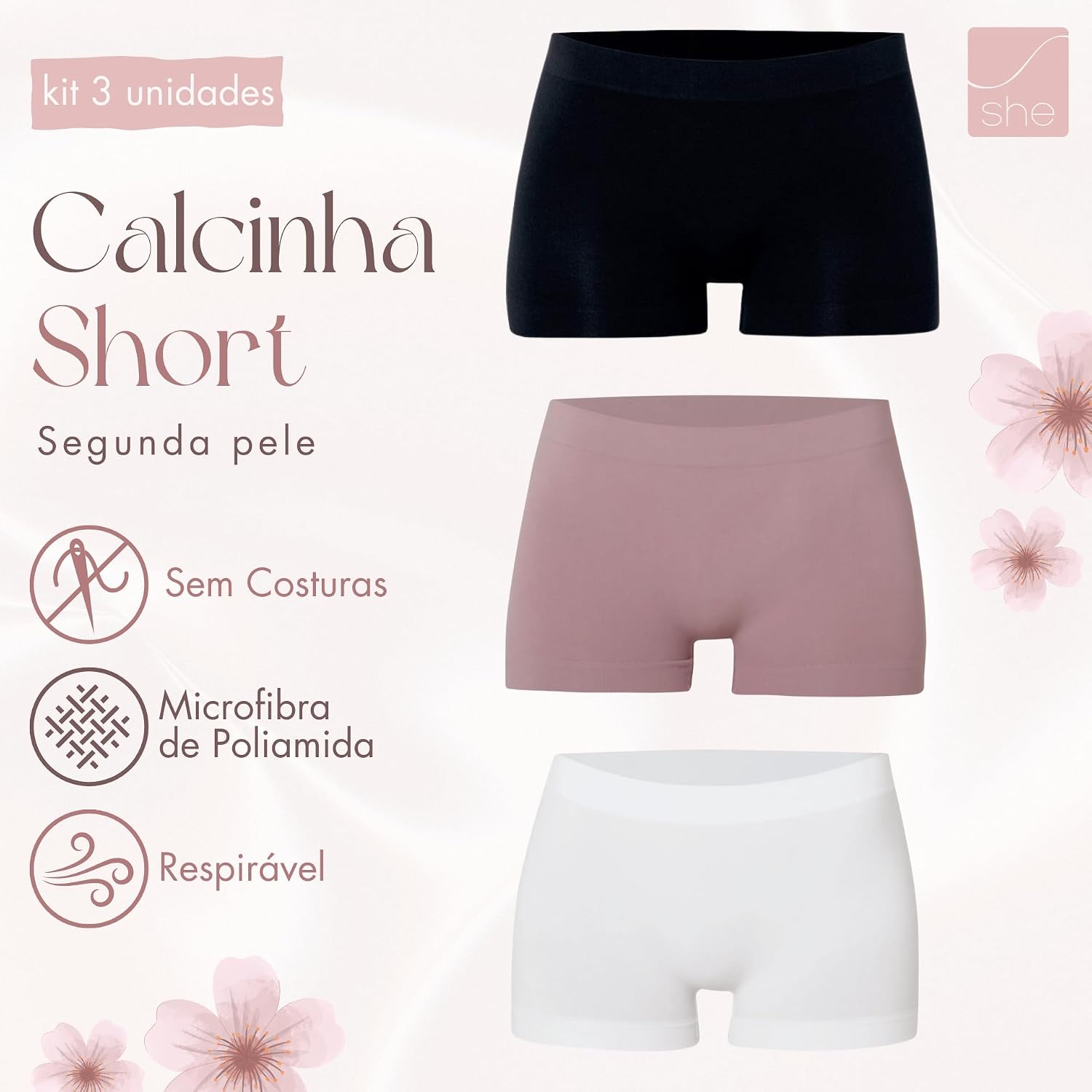 Kit 3 Calcinhas Boxer Sem Costura Short Segunda Pele Anágua Poliamida Feminina She by Mash Kit 3 Calcinhas Boxer Sem Costura Short Segunda Pele Anágua Poliamida Feminina She by Mash