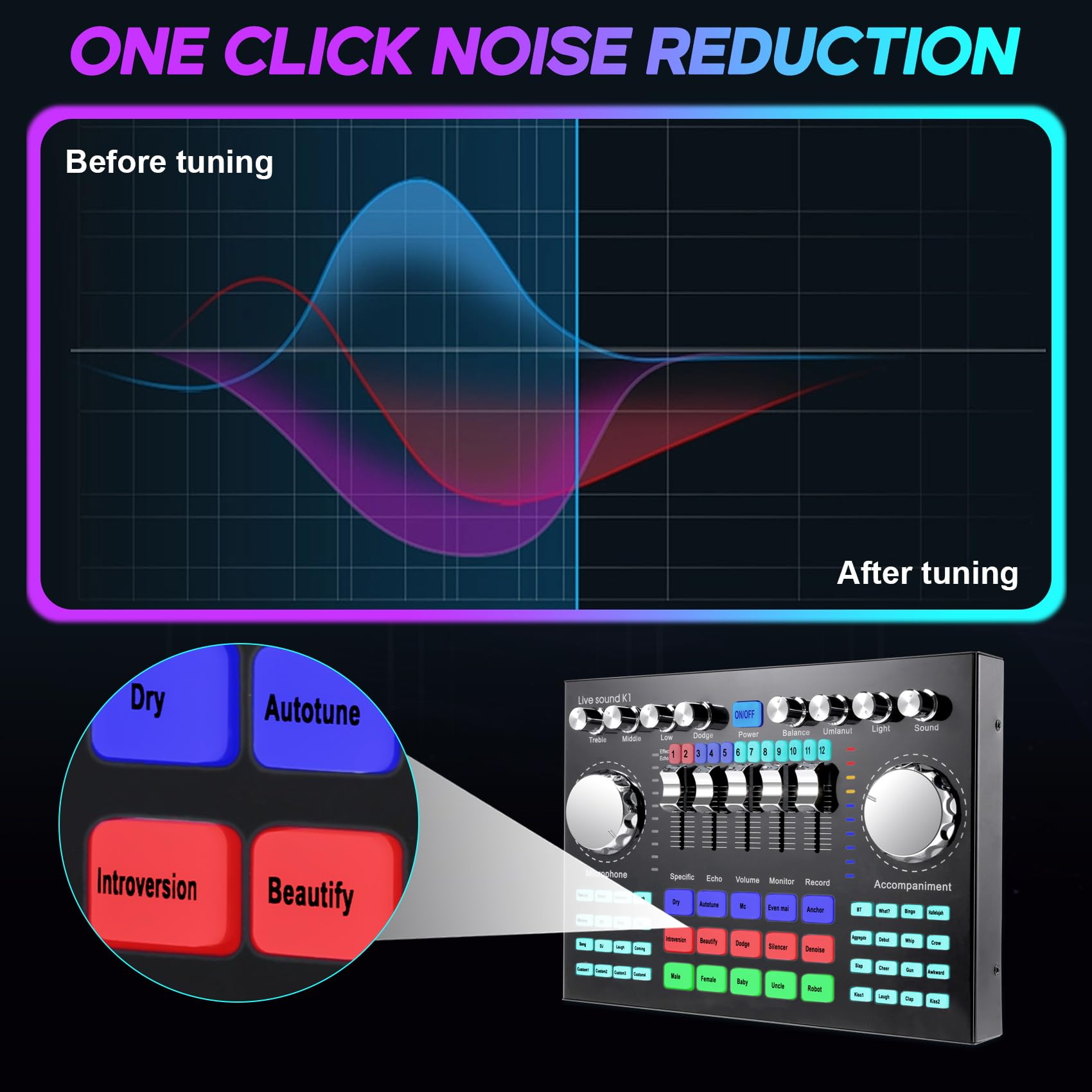 K1 Computer Phone Voice Changer HiFi Live Sound Card Mixer Board Streaming Audio Bluetooth 5.0 Universale