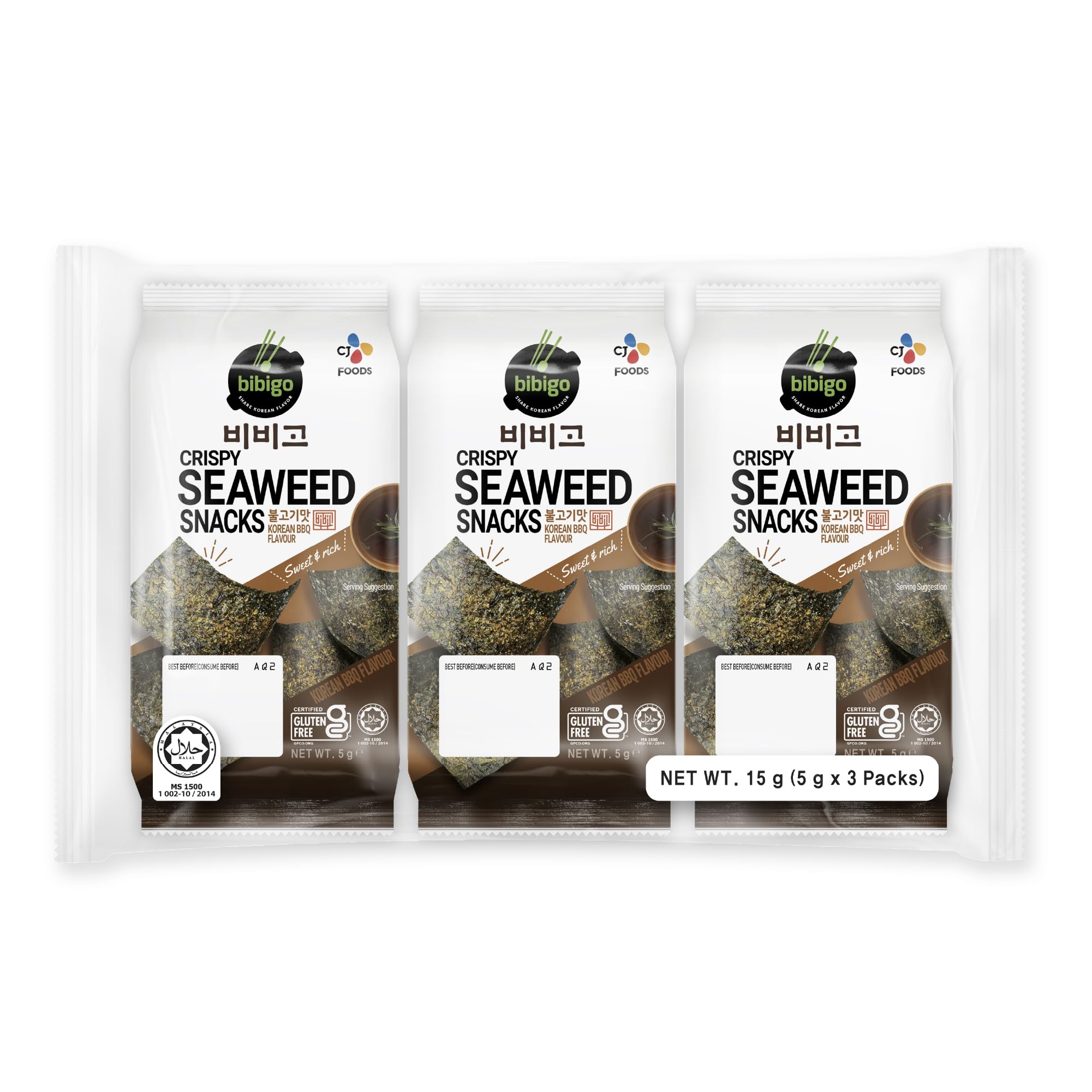 Bibigo Seealgen Snack Korean BBQ – Geröstete Seelagenblätter mit Korean BBQ – Ideal als Snack oder Beilage – 3 x 5 g