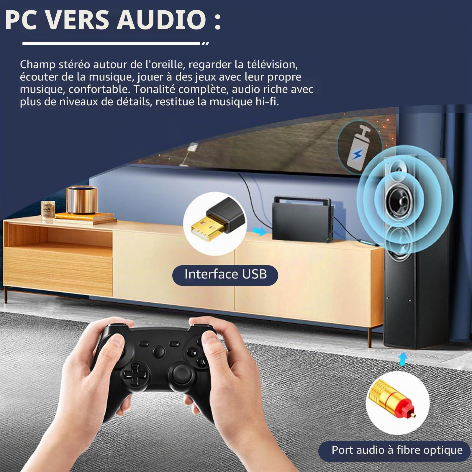 GOMETY Adaptateur audio USB-A vers fibre SPDIF Toslink, câble pour PS5/PC/ordinateur portable - Carte son Plug & Play, Noir