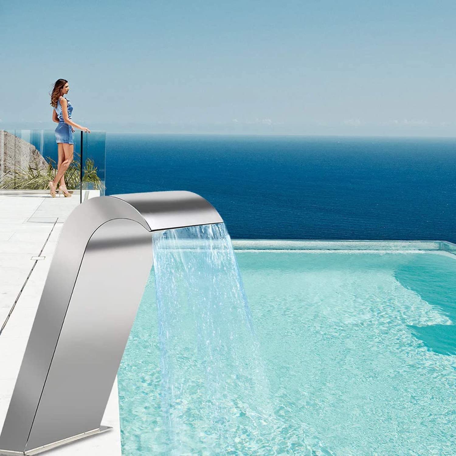 DEHIWI Fontana a Cascata da Giardino per Lagnetto e Piscina in Acciaio Inox,Fontana da Giardino,Disegno Curvo Fontana Laghetto,Cascata Laghetto,500x600mm