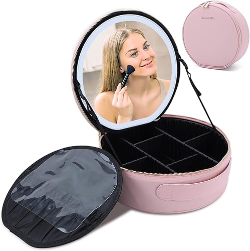 ZhenGuiRu Estuche de maquillaje con 3 colores de brillo ajustable, espejo LED, estuche de viaje para cosméticos, divisores ajustables, bolsa de aseo
