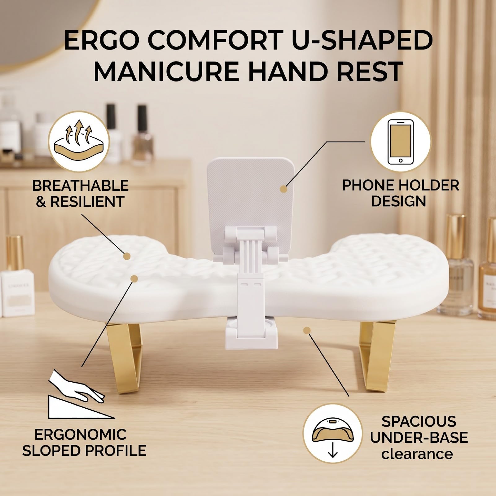 Reposabrazos para Uñas en Forma de U Soporte Ergonómico y Transpirable con Cojín de Espuma Viscoelástica Impermeable Accesorio Profesional para Mesa de Manicura