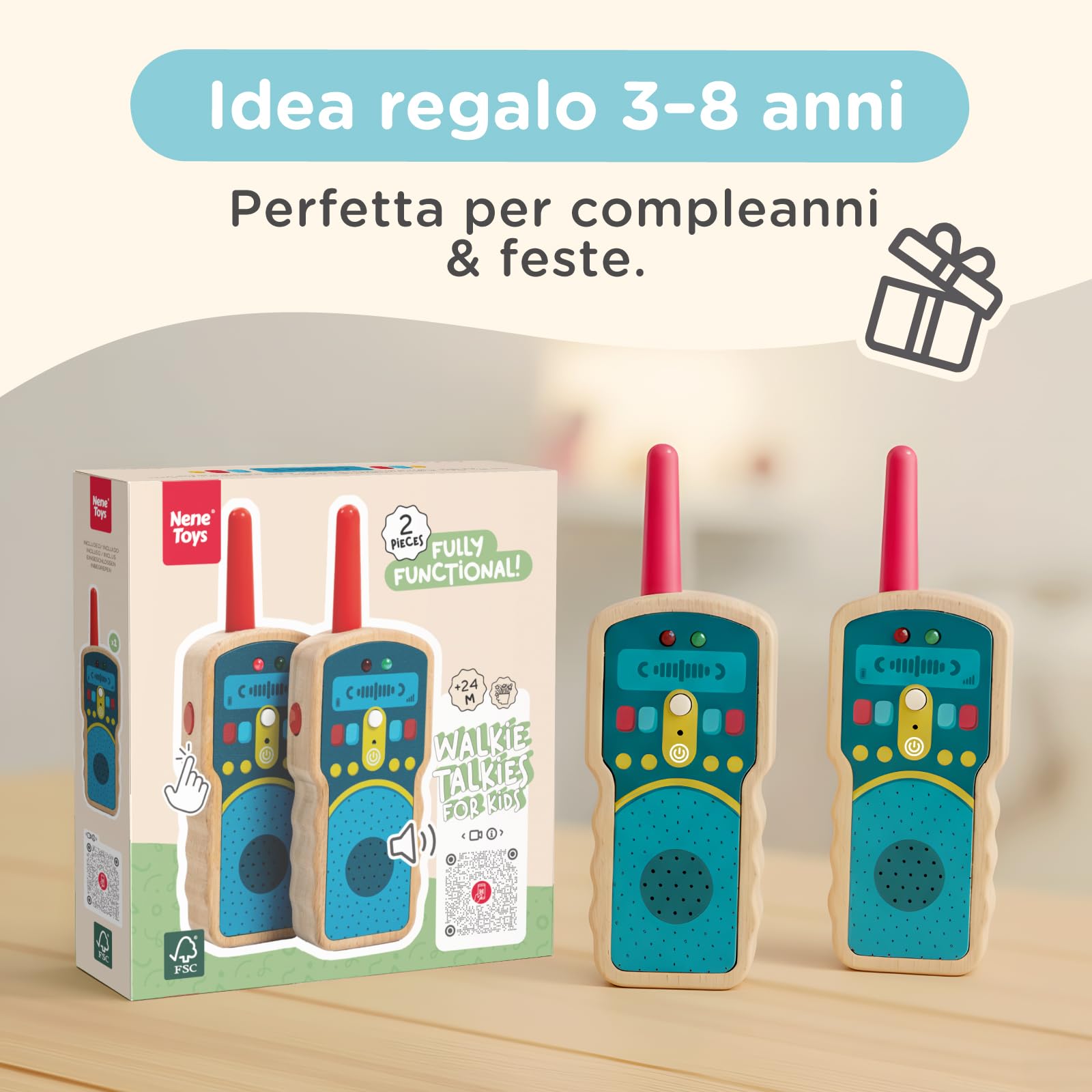 Nene Toys Walkie Talkie in Legno per Bambini – Vere Radio a 2 Vie, Portata 500 m – Push-to-Talk, Canale Unico – Faggio FSC®, Sicuro & Durevole – Gioco Interni/Esterni, Idea Regalo 2–8 Anni