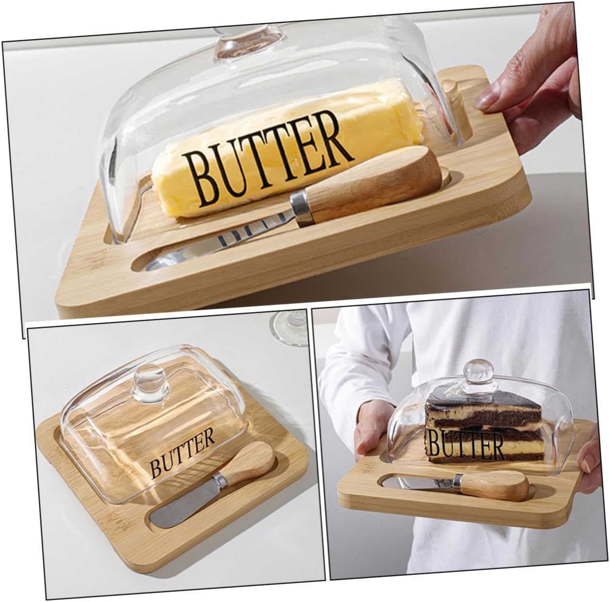 Cabilock 1Set Butter Dish with Glass Dome and Metal Cutter Clear Butter Holder for Refrigerator Elegant Square Butter Tray for Home and Kitchen Use