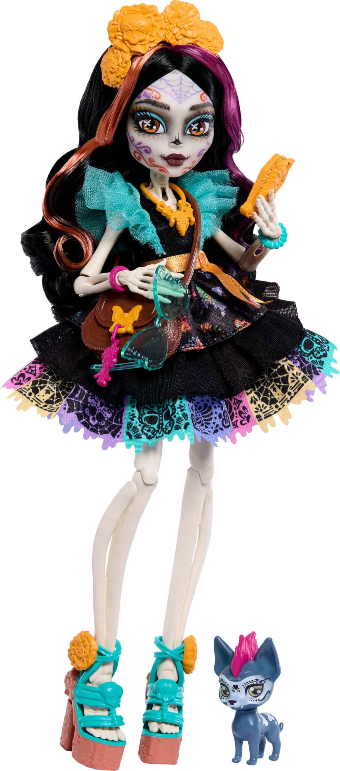 Monster High Renkli papel picado elbisesi giyen Monster High Skelita Calavera bebek, köpekçiği Candelita ve eskiz defteri, atıştırmalık ve çapraz çanta gibi 7 aksesuar, JHK34