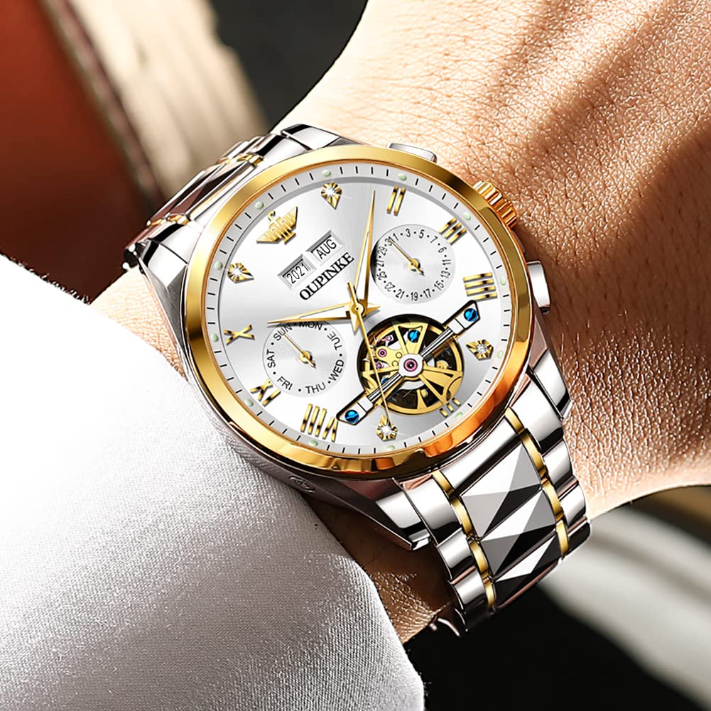 OUPINKE Reloj automático para Hombre con Esfera Plateada Esqueleto Tourbillon, Movimiento automático, Cristal de Zafiro, Impermeable, Luminoso, Ventana de Mes y año, Color Blanco