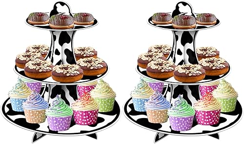 Miniatura 6 de Juego de 2 soportes redondos de cartón para cupcakes de 3 niveles con estampado de vaca de granja para 24 cupcakes, perfecto para decoraciones de