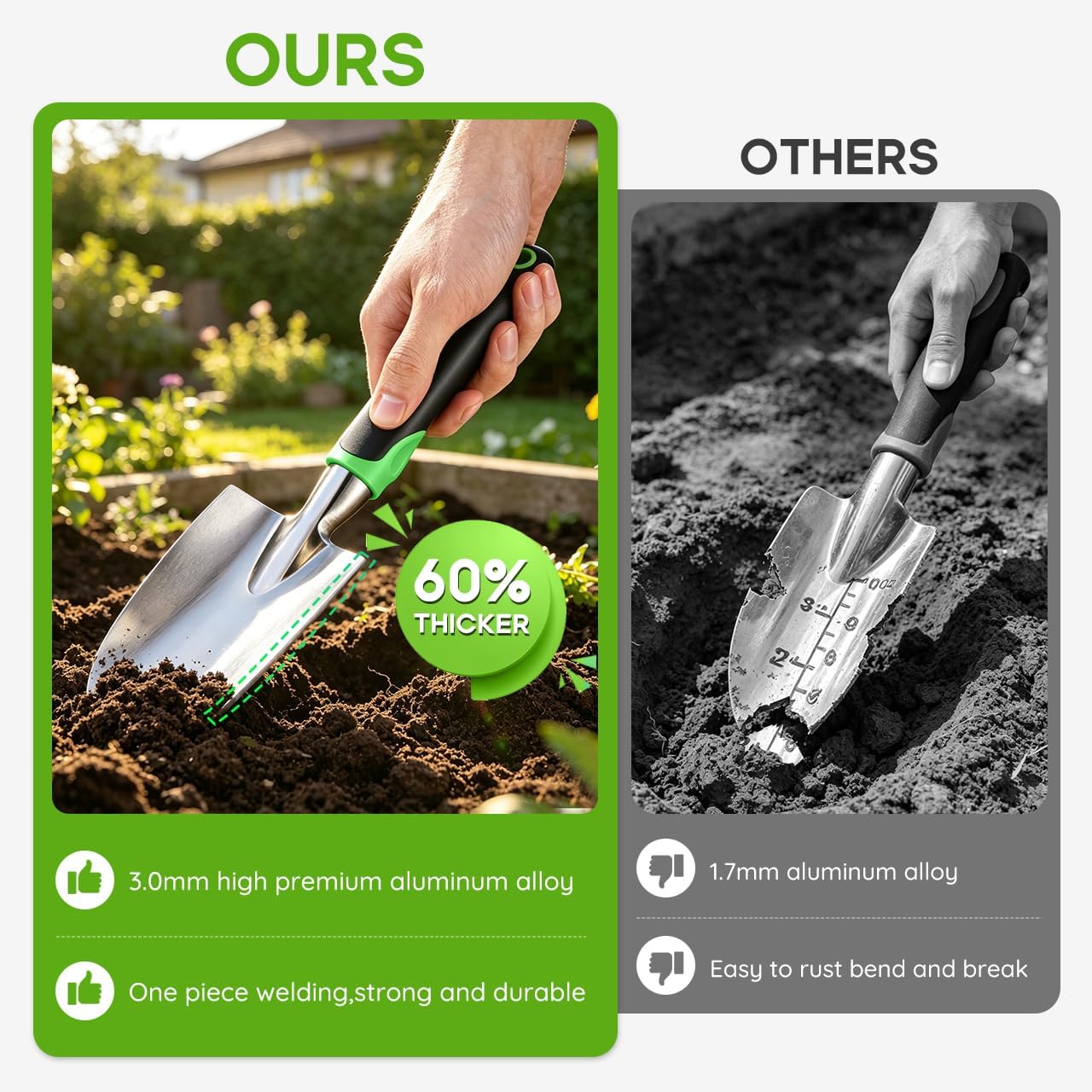 Garden Tool Set, 3 Pack Aluminum Heavy Duty Gardening Kit Includes Hand Trowel, Transplant Trowel and Cultivator Hand Rake with Soft Rubberized Non-Slip Ergonomic Handle, Garden Gifts