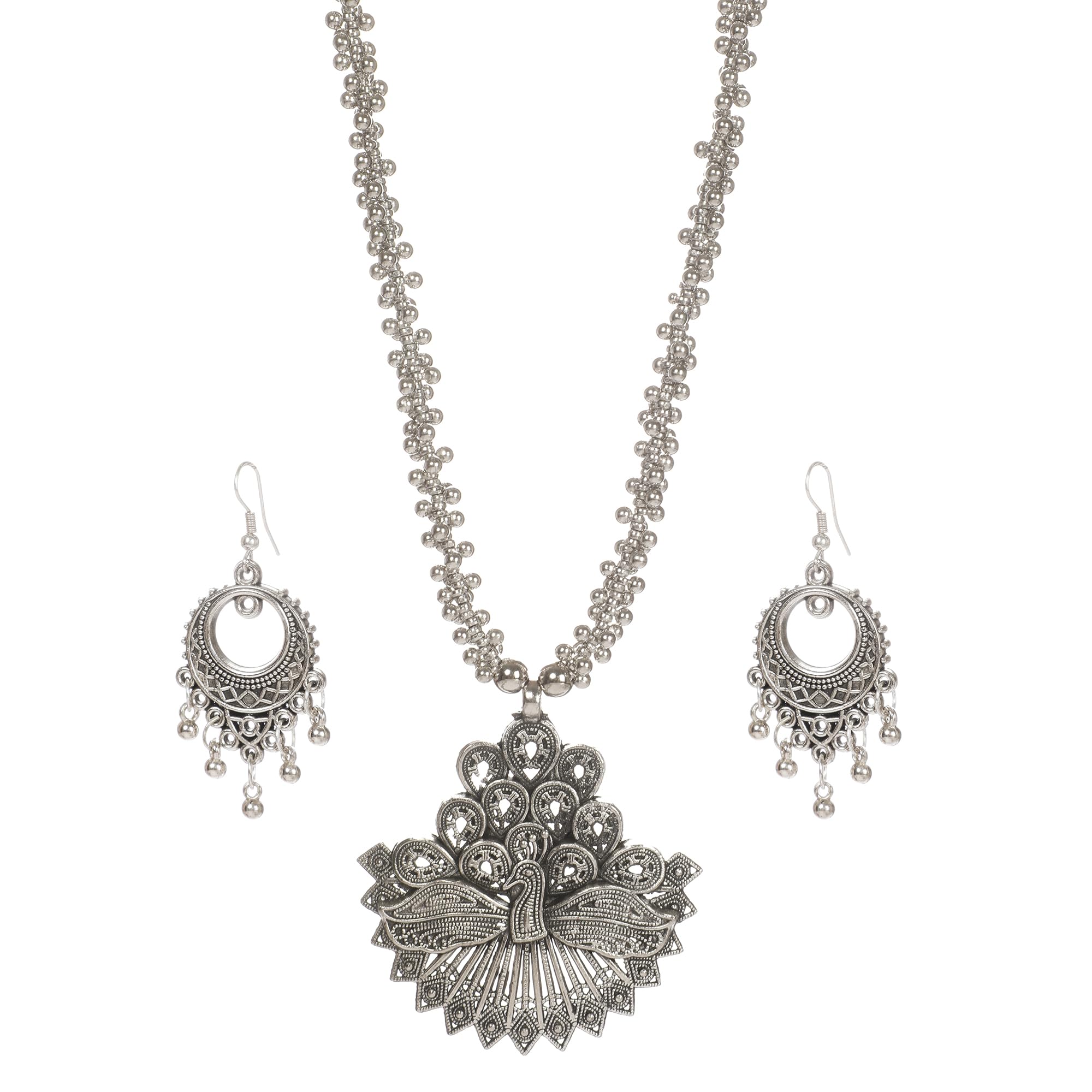 Traditional Peacock Design Oxidized Necklace Set with Earrings for Women