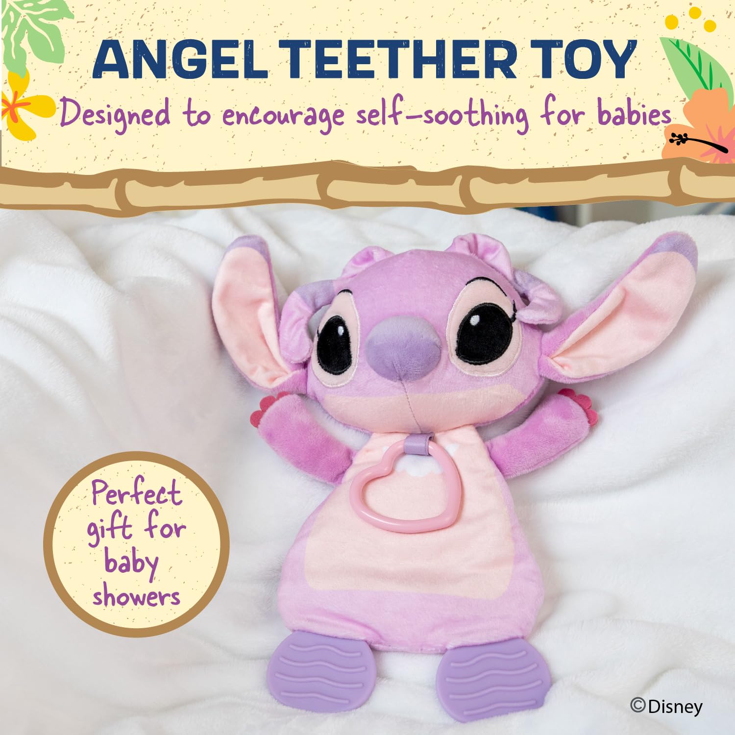 KIDS PREFERRED Disney Baby Lilo and Stitch Angel Teether Plush Toy Crinkle Cloth for Newborn Baby Boys and Girls 10 inches