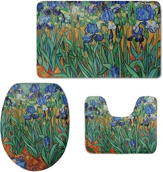 Blue Floral Toilet Seat Cover and Rug Set Bath Mat Set 2 Piece and Toilet Lid Cover and Tank Cover Set Machine Washable Mats Shower Mats for Bathroom Tub Toilet