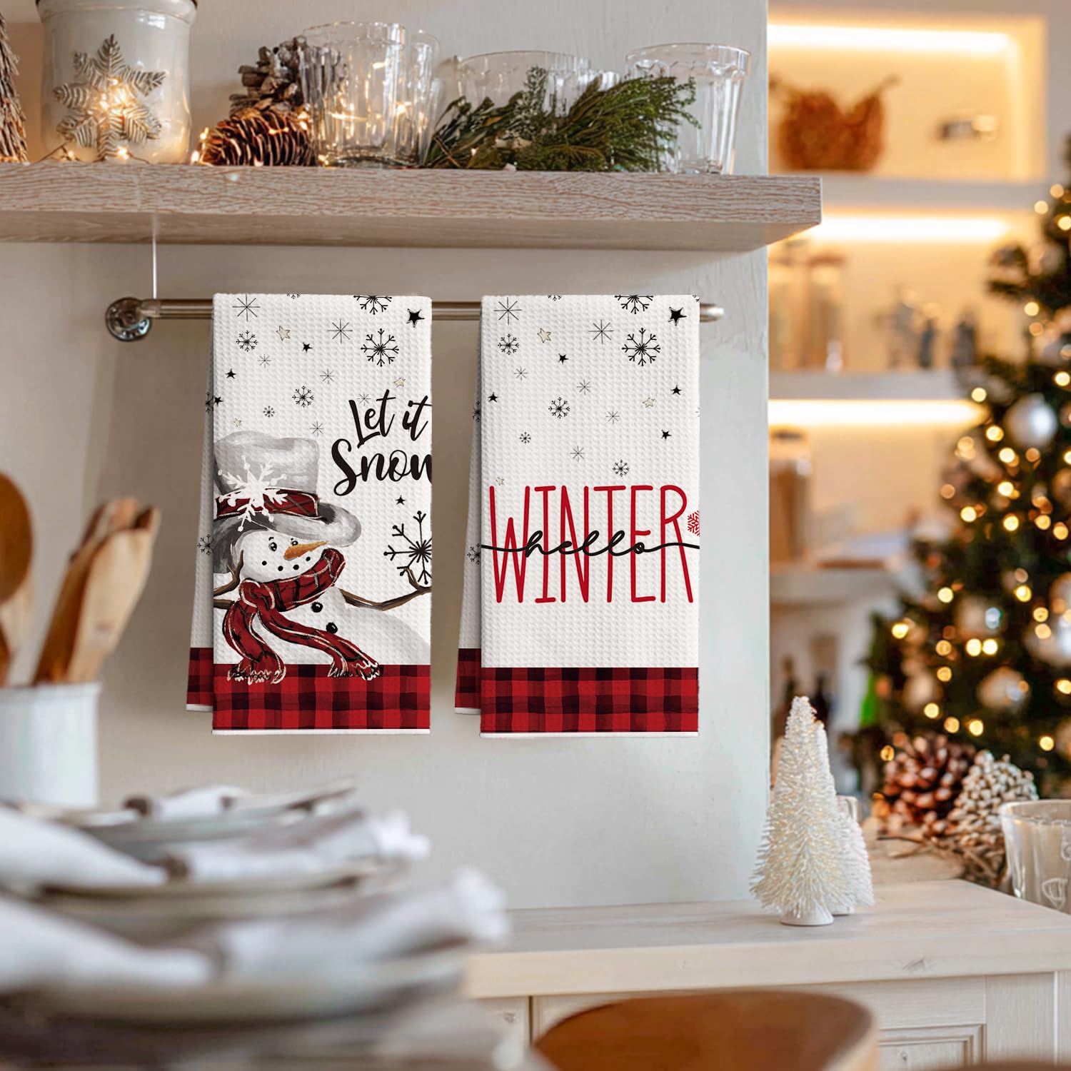 Artoid Mode Red Xmas Tree Snowman Merry Christmas Bar Kitchen Towels, 12x24 Inch Quick Dry Microfiber Cloth Dish Towels for Kitchen Drying Set of 4