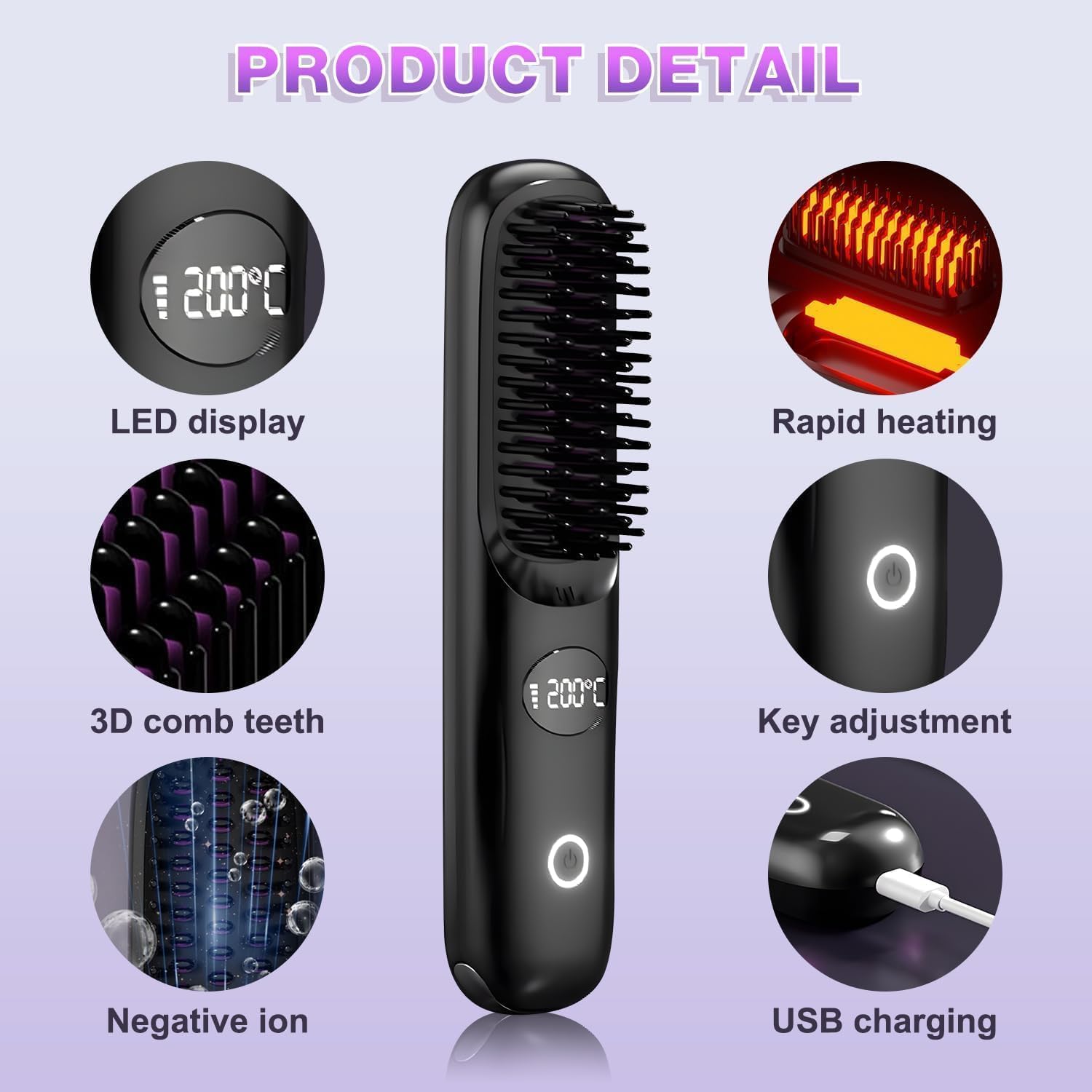 Brosse Lissante Sans Fil, Brosse Chauffante Lissante Portable 200 Millions D'ions Négatifs Anti-BrûLure avec 3 Températures Réglables, Mini Lisseur Rechargeable pour Maison, Voyage