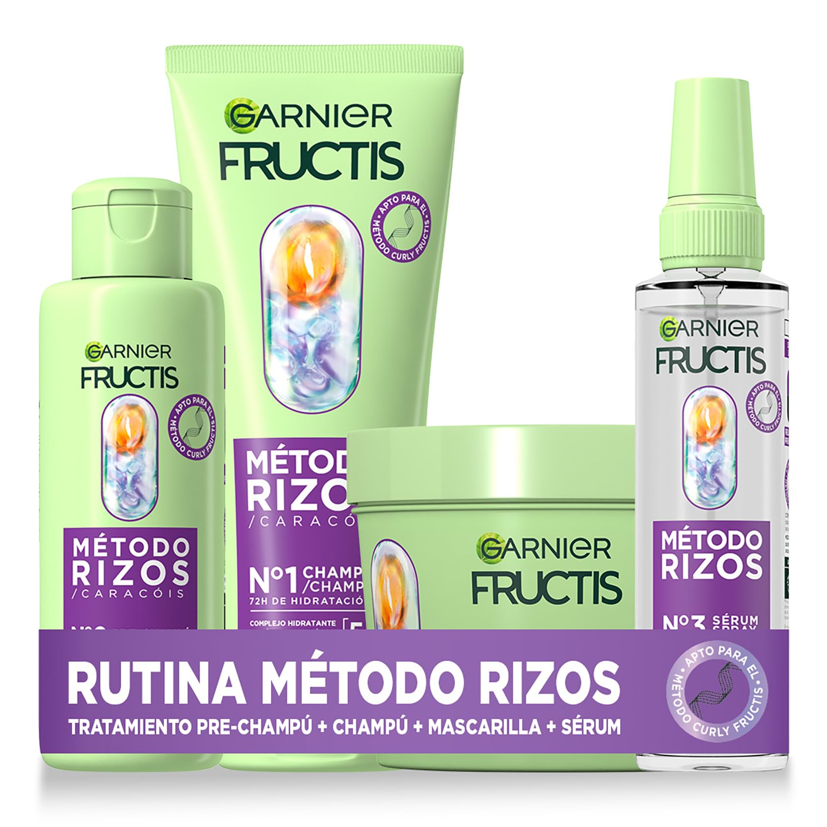Garnier Fructis Método Rizos con Tratamiento Pre Champú, Champú, Spray y Mascarilla, Rutina para rizos y ondas definidas, Ácido hialurónico y Karité, Fórmula vegana, 2x 200ml+150 ml+370 ml
