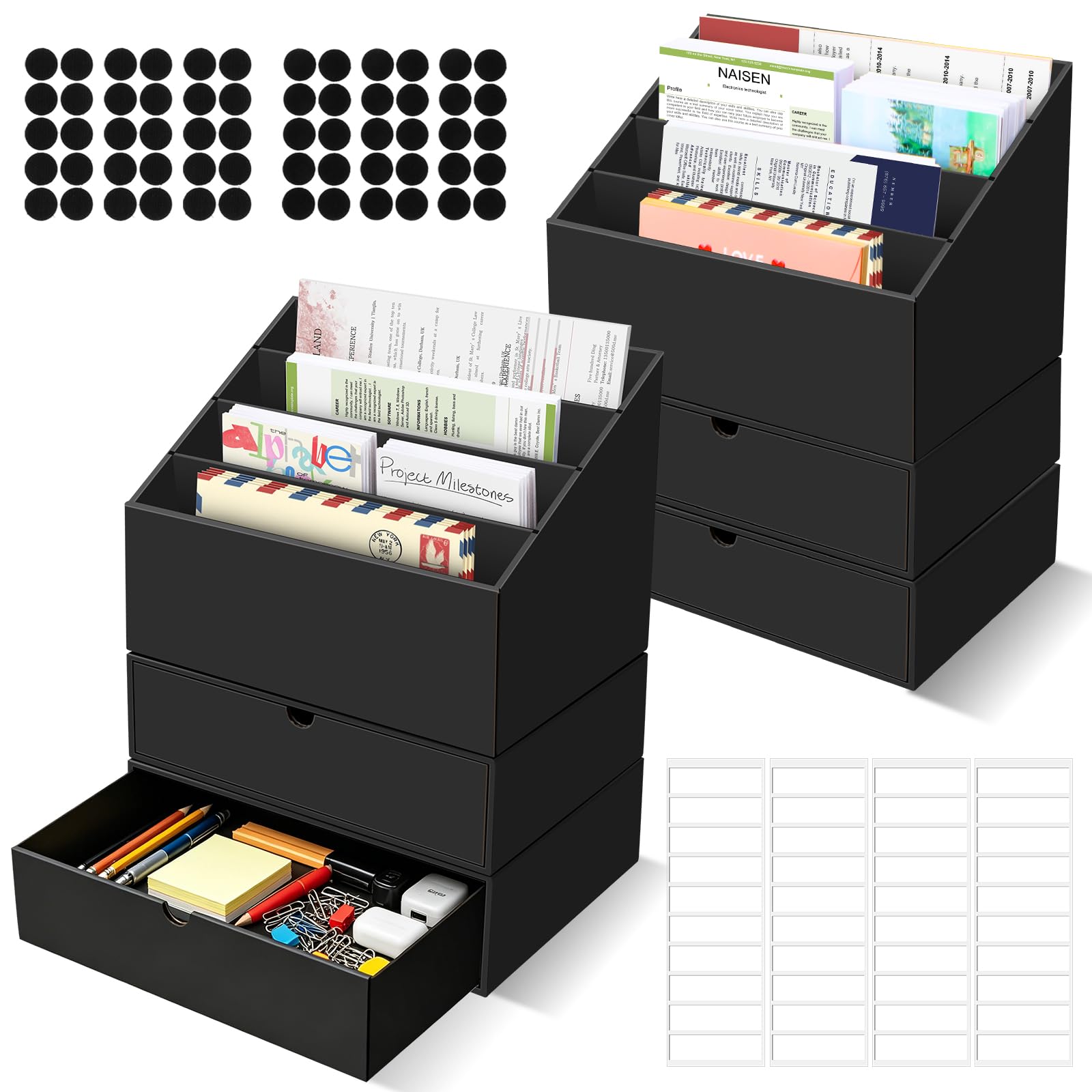 Contenitore per Documenti 2 Pezzi Portadocumenti a 4 Scomparti e 4 Contenitori da Scrivania per la Posta, Organizer da Scrivania per Lettere, Quaderni e Riviste, Nero