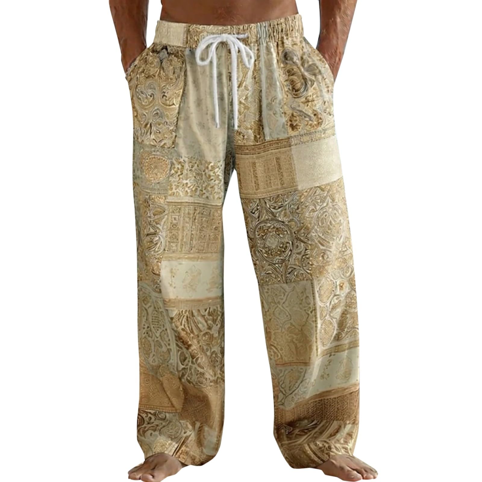 Baggy Hippy Trousers Mens Beach Linen Blend Vacation Resort Pants with Pockets Festival Indian Paisley Bandana Patchwork Vintage Bottoms Comfort Music Concert Party Club Loose Casual Trousers Yellow