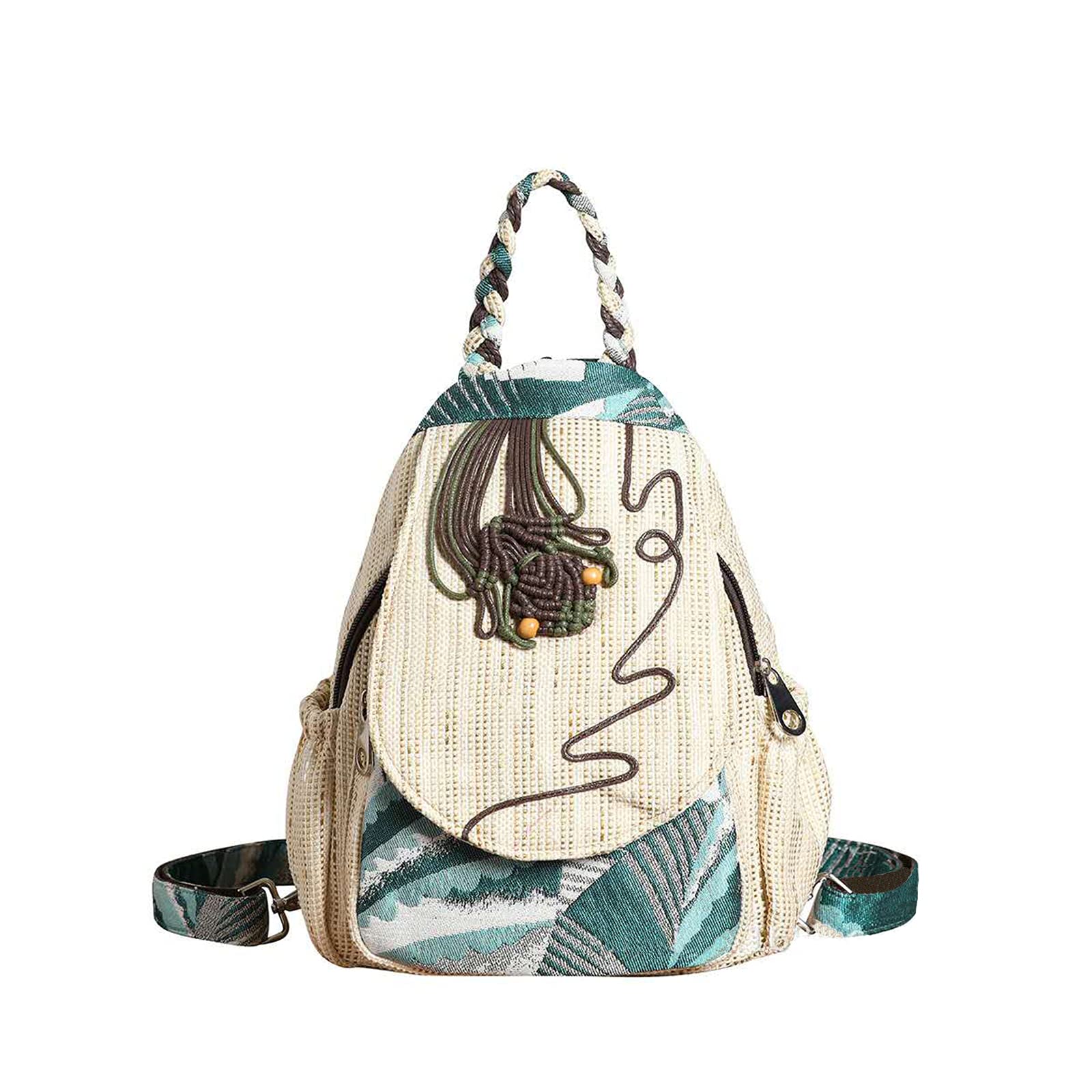 HUANGGUOSHU Ladies Boho Hippie-Inspired Green A Backpack Purse, 5.5" x 10.3" x 15"