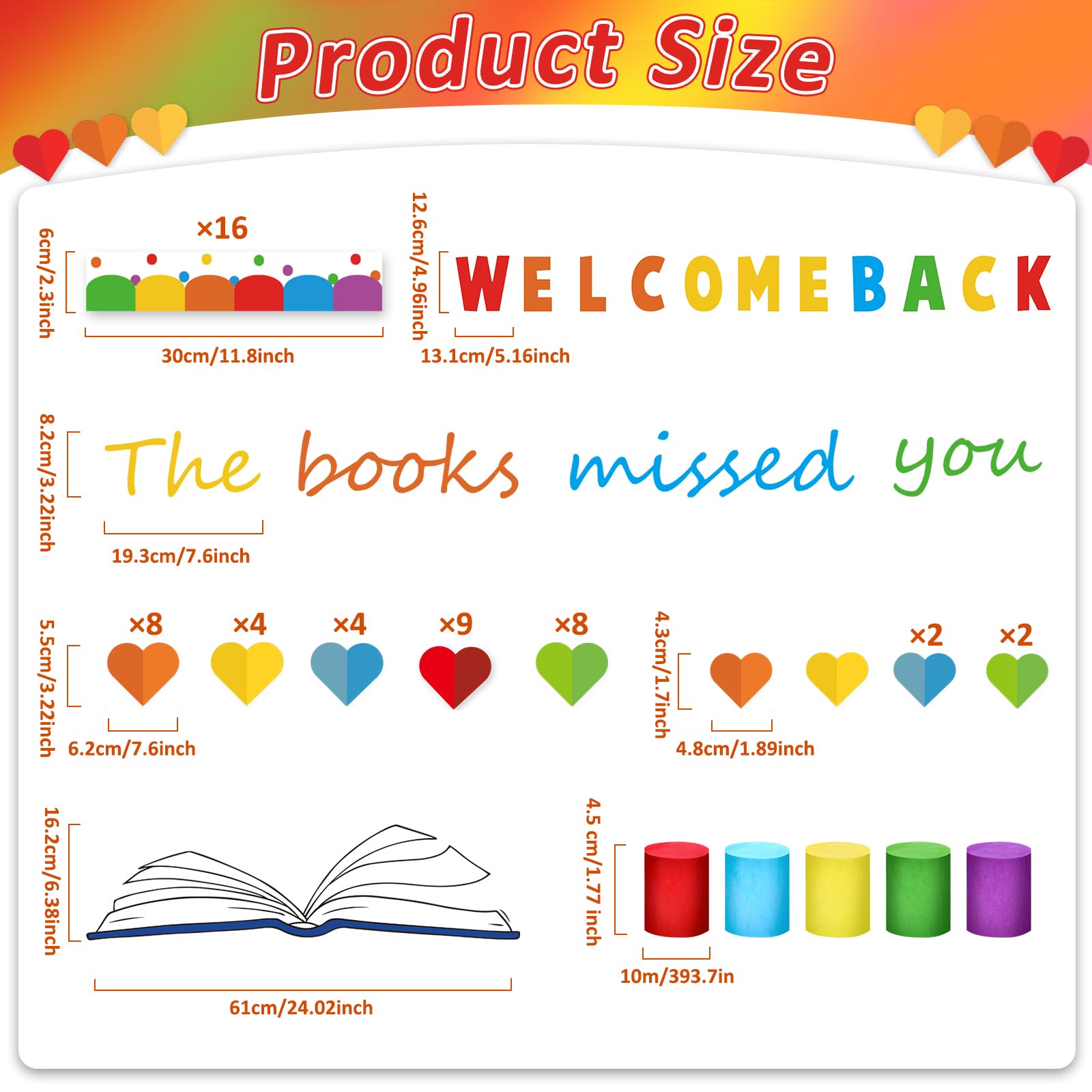 Welcome Back to School Bulletin Board Decorations Welcome Back the Books Missed You Bulletin Board Colorful Heart Paper Cutouts Reading Theme Classroom Decor for Home Library Preschool Chalkboard Wall