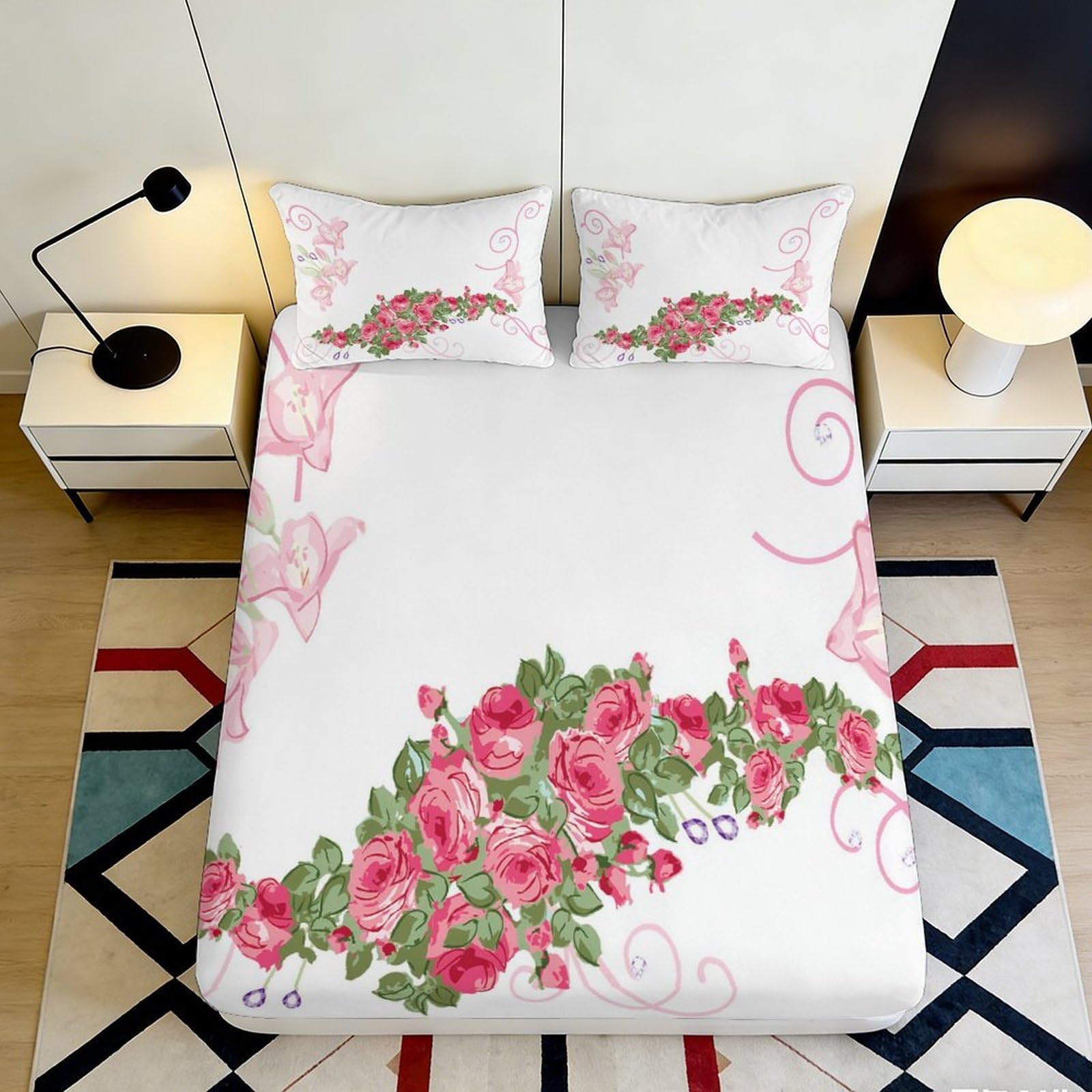 3D Printed Rose Garden Fitted Sheet Microfiber Floral Swirl Bed Sheet for Bedroom Guest Room Mattress Decor 90x200x25cm