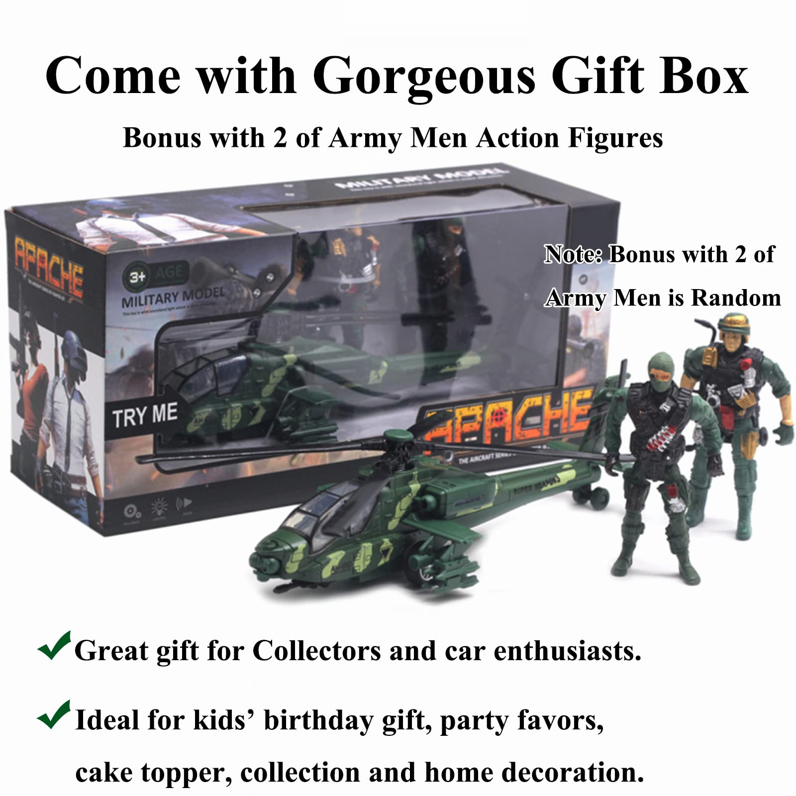 Helicóptero militar con luces y sonidos, modelo de la Fuerza Aérea fundida a presión, regalo de cumpleaños y Navidad para niños y niñas, bono con 2 figuras de acción de hombres del ejército 2