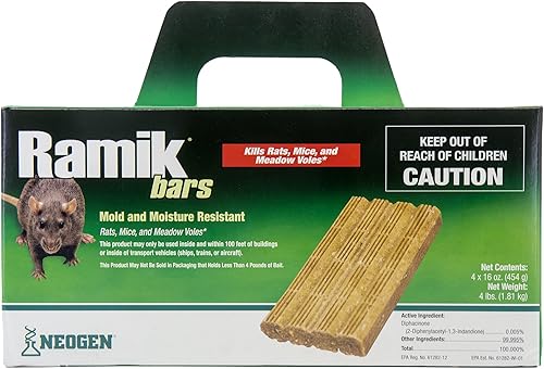Neogen Ramik - Barras de rodenticida resistentes a la intemperie con sabor a pescado, 4 barras de 16 onzas (4 libras)