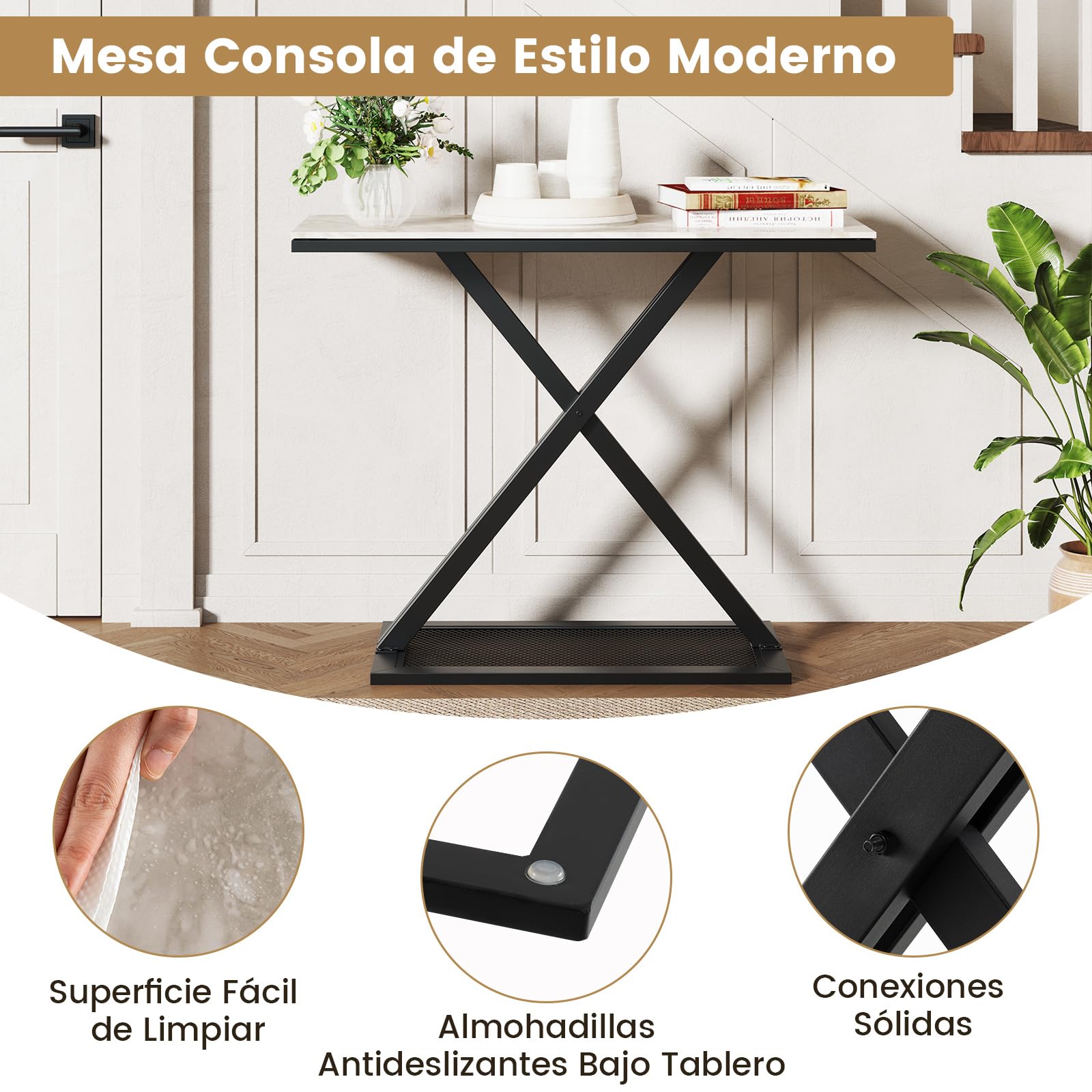 COSTWAY Mesa Consola con Encimera de Mármol, Mesita de Entrada con Marco Metálico, Mesa para Recibidor con Almohadillas Ajustables para Salón, Pasillo, Recibidor, 100 x 40 x 77,5 cm
