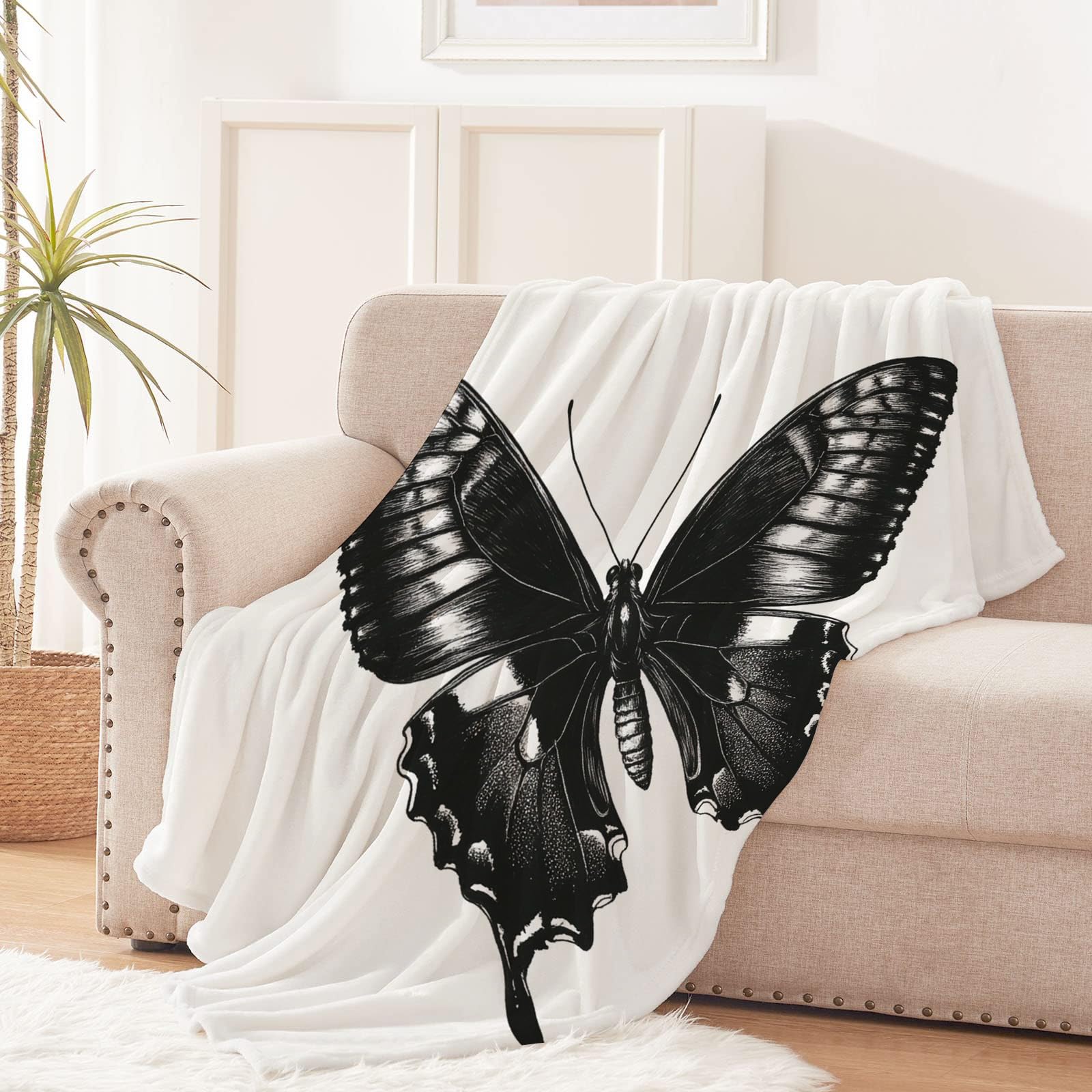 Genérico Czarny motyl kreskówkowy miękki koc flanelowy 3D - narzuta na sofę/łóżko 270 x 230 cm, ultra arealistyczny nadruk 3D zwierzęcy, ciepły polar, zmywalny, dom/sypialnia