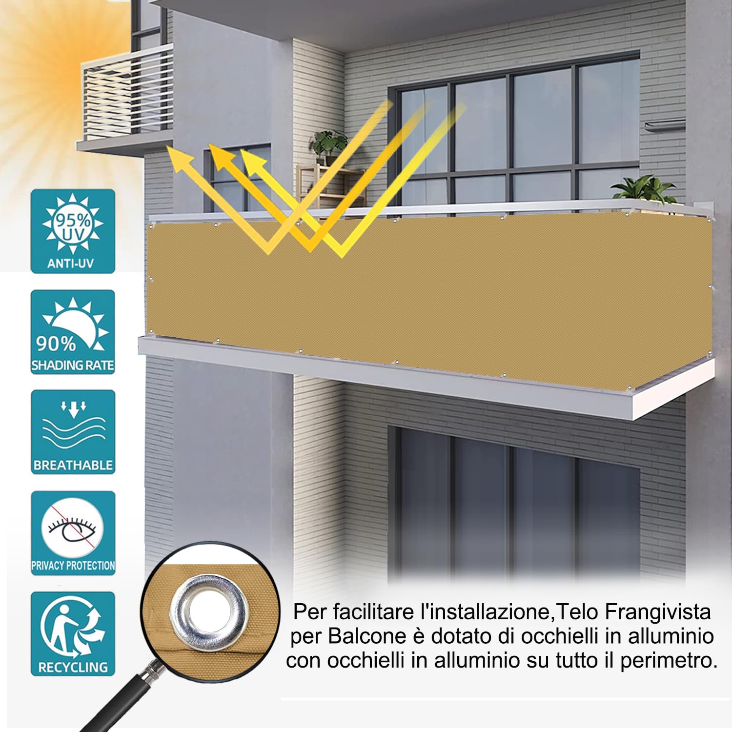 Telo Frangivista per Protezione Privacy Balcone 130x350cm 220g/㎡ Poliestere Impermeabile Anti-UV Frangivista Giardino, Giallo Terra