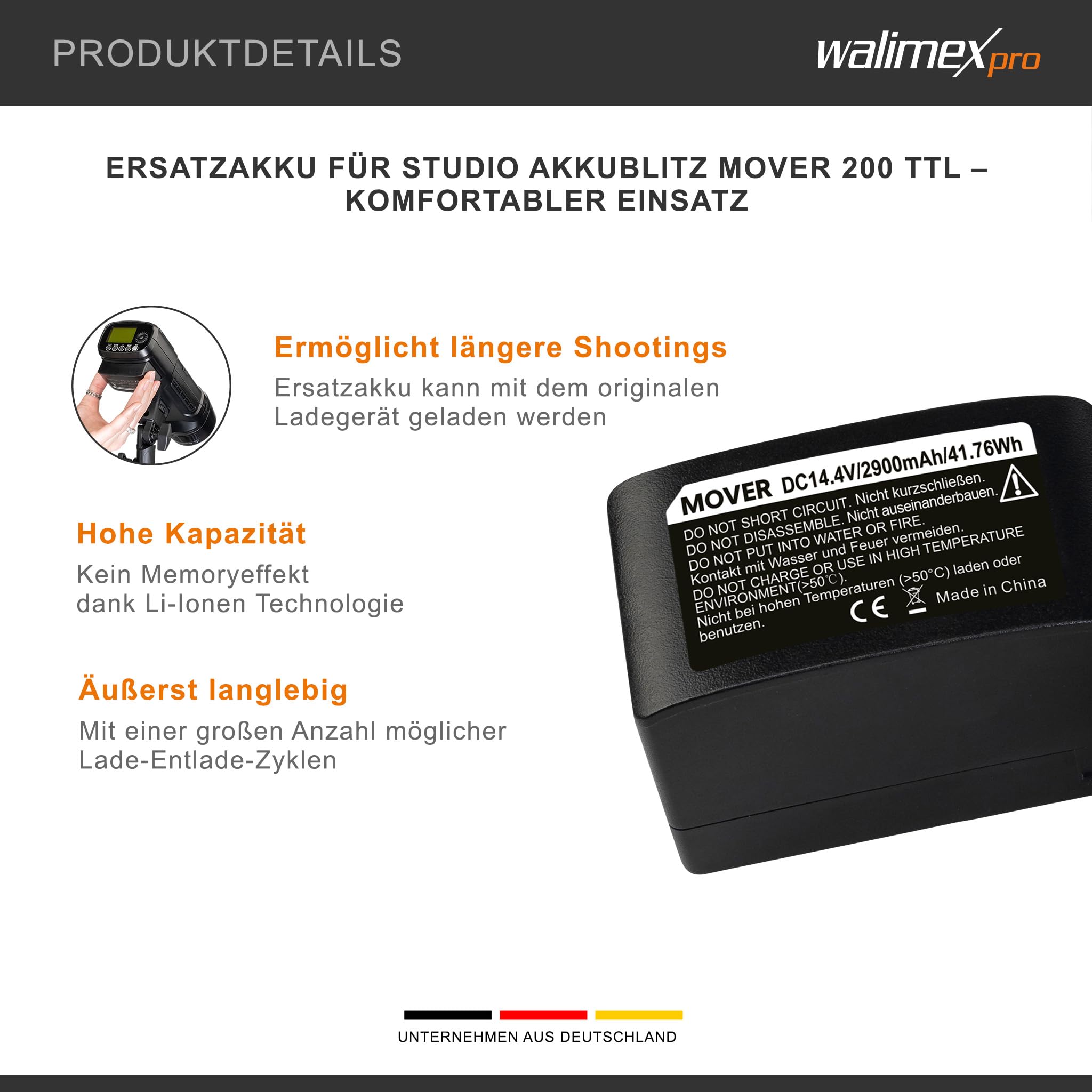 Walimex pro Batterie de Rechange pour Mover 200 TTL - Grande capacité, Longue durée, Permet des Prises de Vue Plus Longues - Batterie de Rechange pour Flash de Batterie de Studio