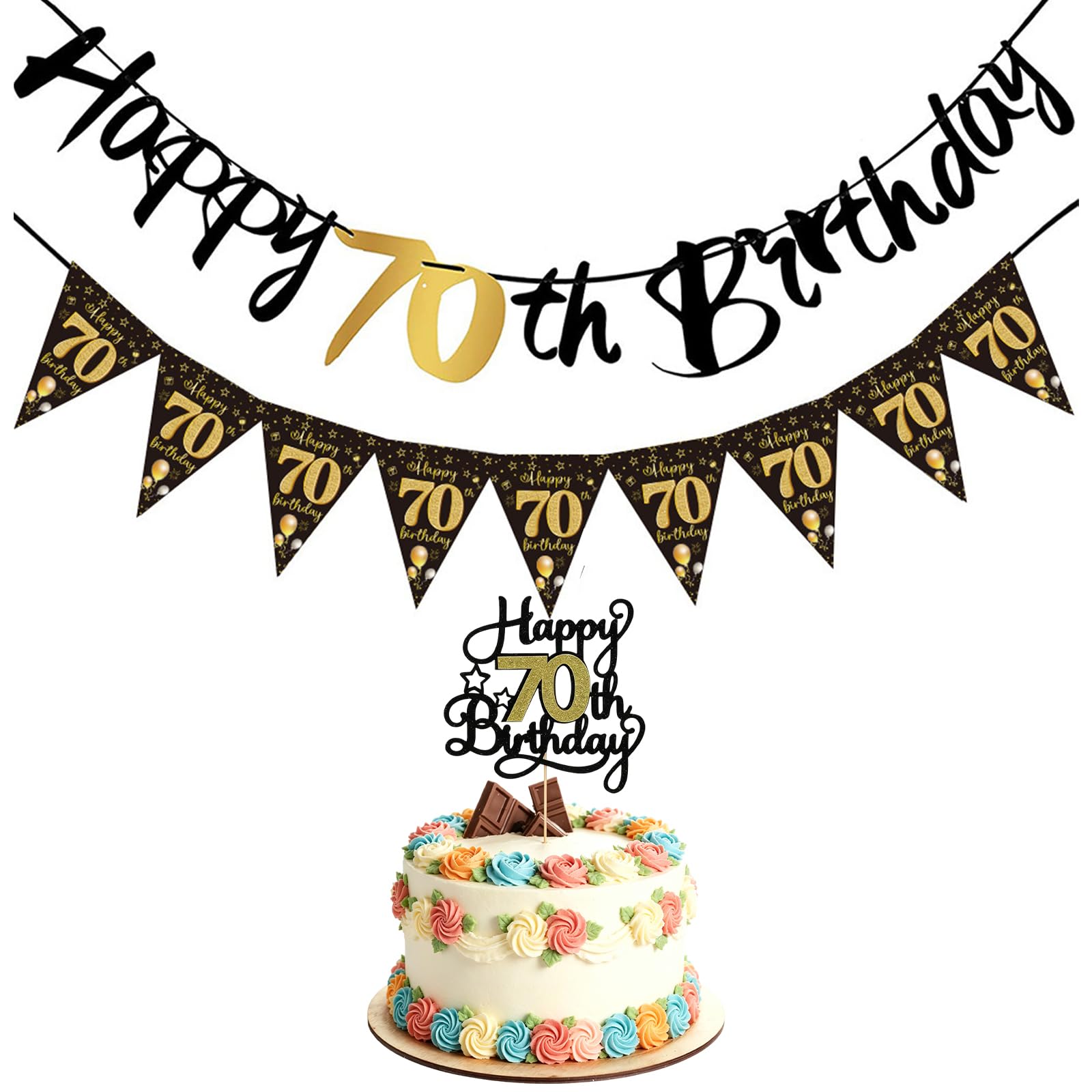 Happy 70th Birthday Cake Topper and 70th Birthday Banner Set, 70th Birthday Decorations, Ideal for Birthday Anniversary Party Decorations and Party Venue Setup (Black Gold)