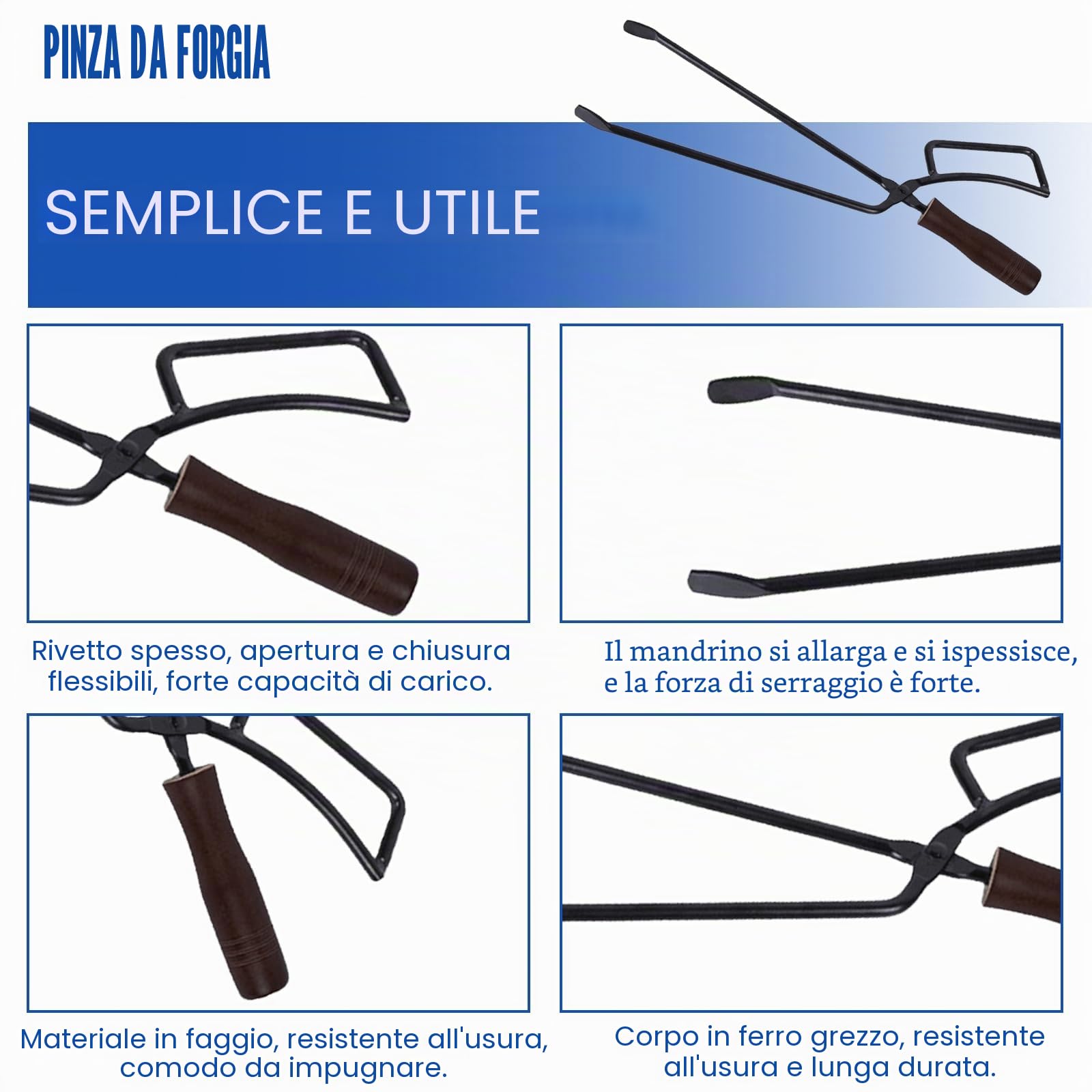 Pinza per camino pesante, con manico in legno isolato, per esterni, antiruggine, universale, per focolare all'aperto e interni, falò e stufe, 40 x 10 cm