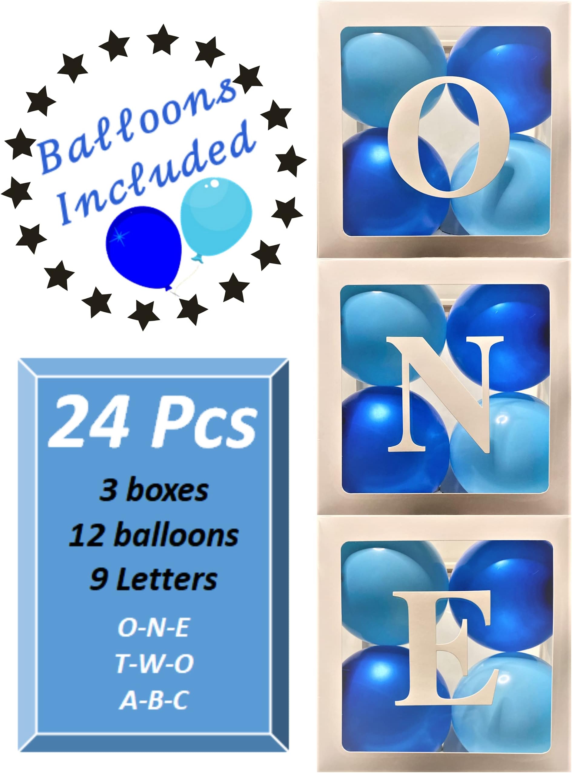 24 Piece Premium Balloon Boxes | Party Decorations | 1st & 2nd Birthday | Baby Shower | ONE, TWO, ABC | Light Blue & Royal Blue Balloons Included | Photo Shoot | Centerpiece | 11.81” Cubes