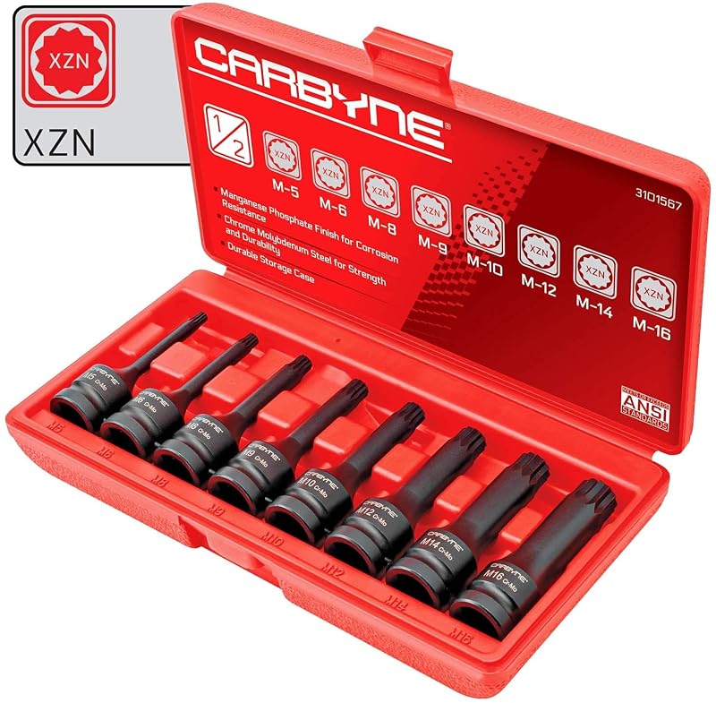 Jogo de Soquetes de Impacto XZN Encaixe Triplo Quadrado Carbyne 1/2 pol. M5 a M16 com 8 Peças