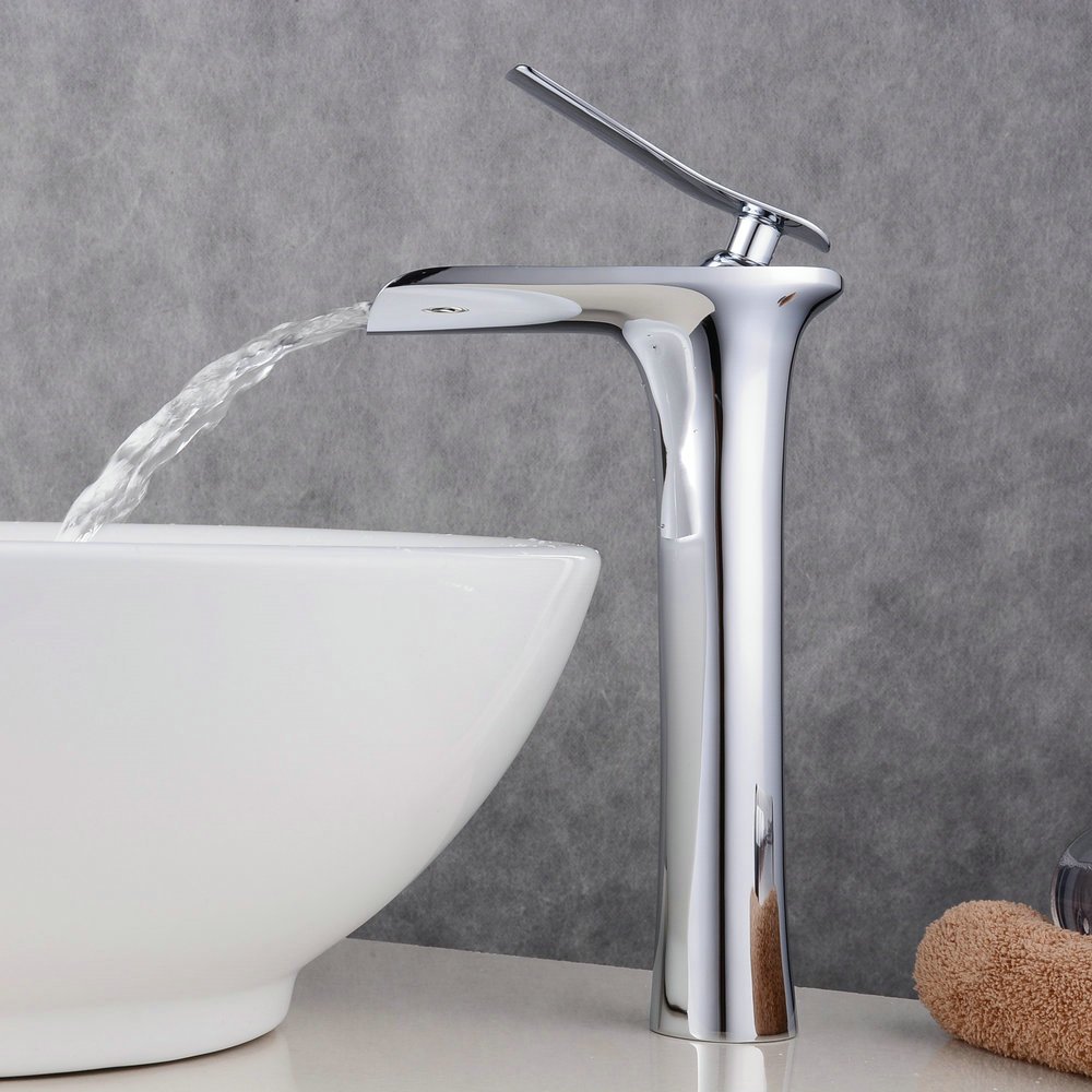 Beelee Waschtischarmatur Wasserfall Design, hoch Einhebel Waschbecken Wasserhahn mit Silber Farbe und Messing Material, Oberflächenbehandlungen Verchromung