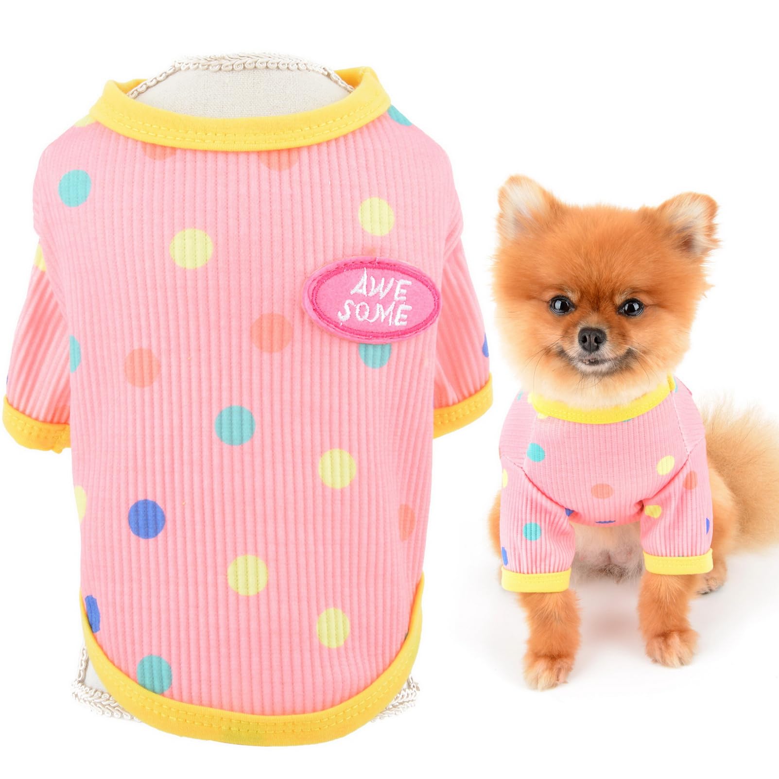 SMALLLEE_LUCKY_STORE Cute Rainbow Polka Dot Knit Sweatshirt for Small Dog Soft Stretch Puppy Pullover Jumper Pet T-shirt Winter Fall Cat Costume Chihuahua Yorkie Clothes,Pink,M
